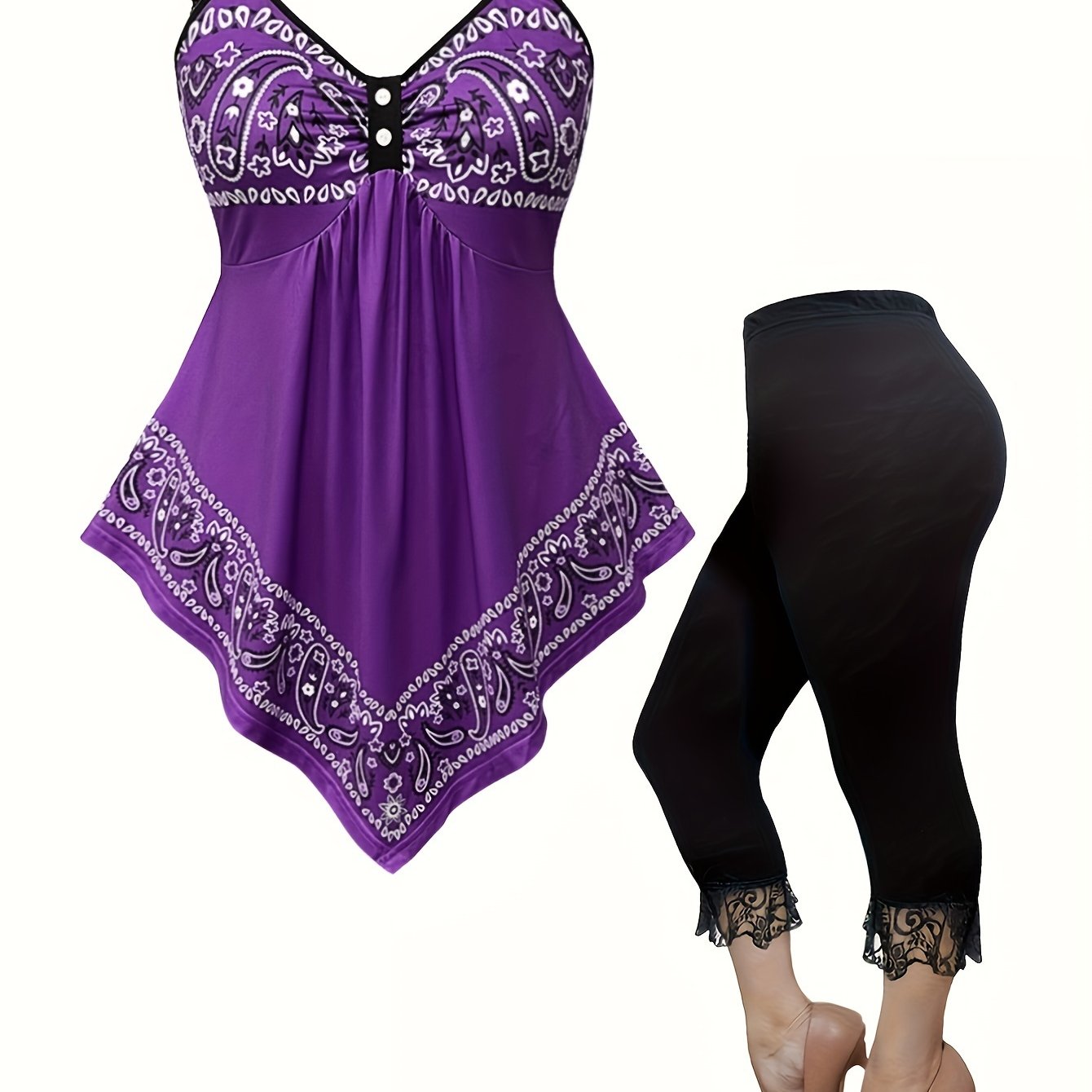 Plus Size Vacation Style Leggings Set, Paisley Print Asymmetrical Hem Lace Tank Top & Lace Stitching Capris Leggings, Women's Plus Size