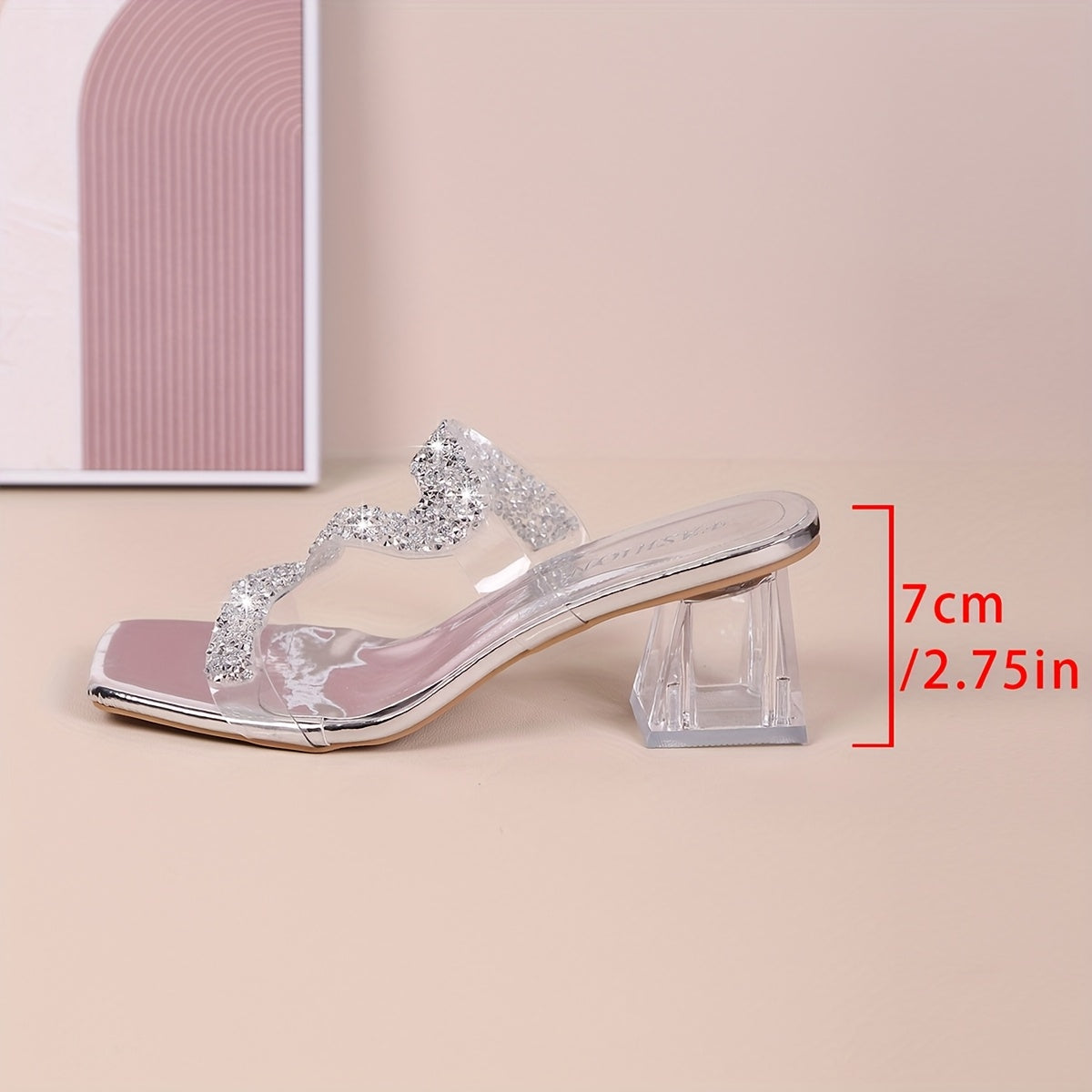 Women's Sparkling Rhinestone High Heel Sandals - Open-Toe Slip-On Summer Party Shoes with Glittery Block Heel, Transparent Straps & Synthetic Cover for Night Out or Casual Wear, Casual Chic Shoes | Strapless High Heels | Rhin