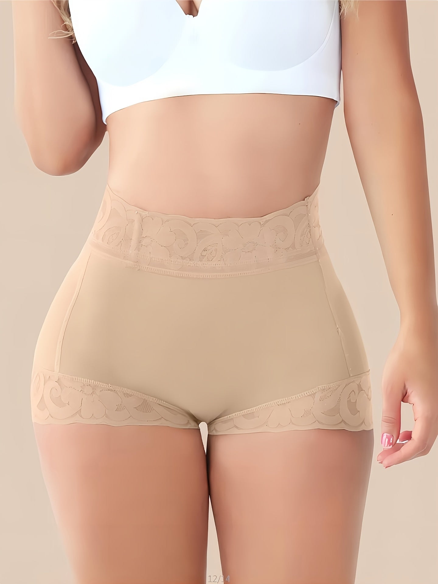 Butt Lifting Shaping Thong with Contrast Lace Tummy Control High-Waisted Body Shaper Panties for Women