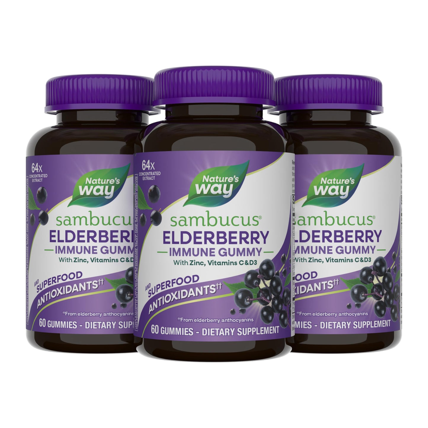 Nature's Way Sambucus Elderberry Gummies, Immune Support Gummy for Adults & Kids Ages 4+ with Black Elderberry Extract, Vitamin C, Vitamin D3, and Zinc*, 60 Gummies