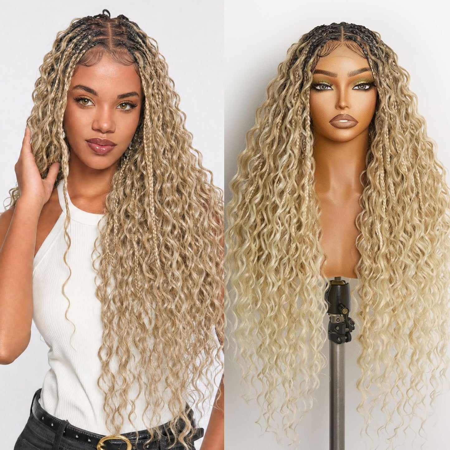 Frodio Braided Wig Veralux™ Fiber Full Lace Boho Curly Water Wave Synthetic Box Braided Wigs For Black Women Salon-Level 200% Density Bohemia Natural Scalp 30 Inches Blonde Ombre Color