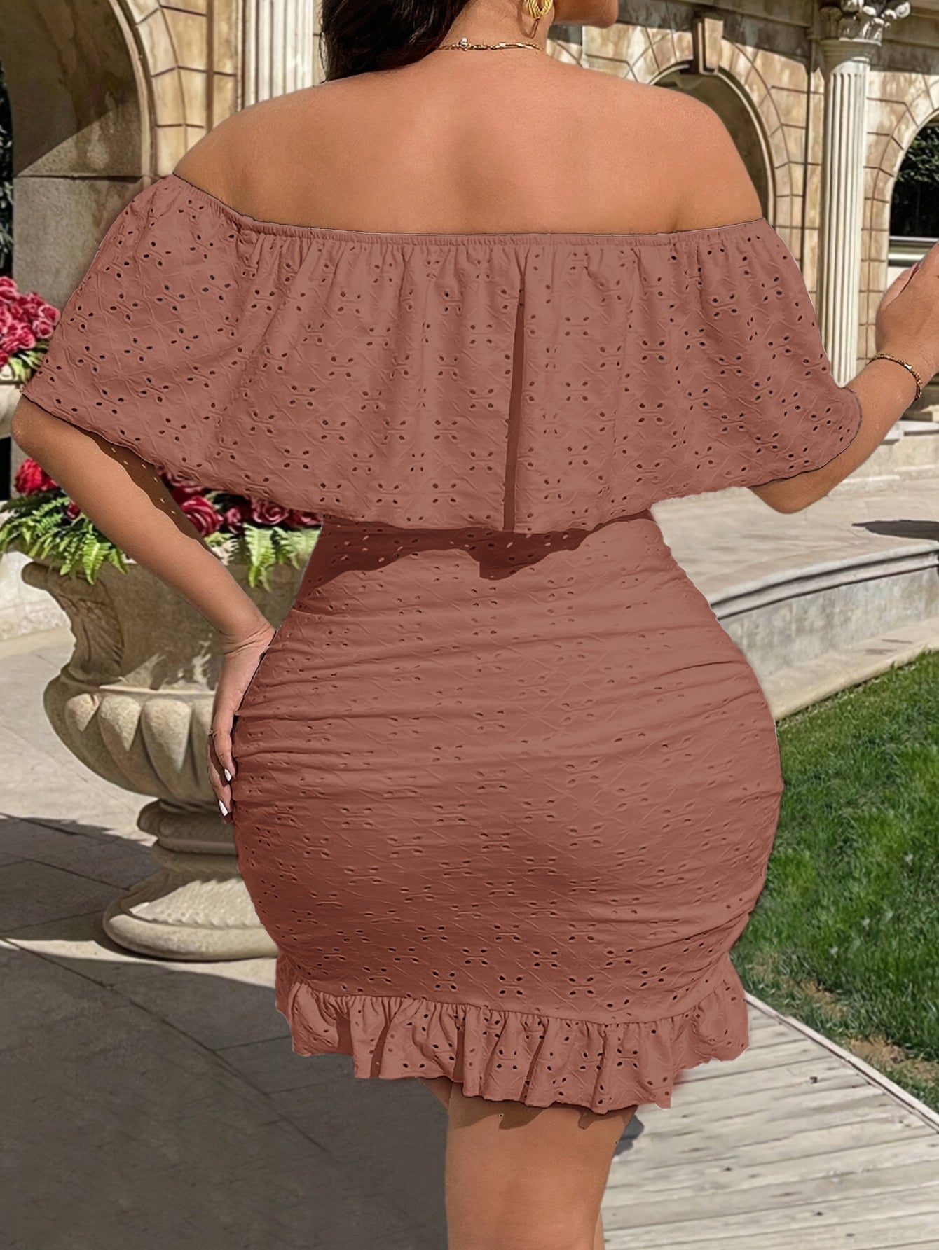 Elegant Off-Shoulder Bodycon Dress with Geometric Pattern - Stretchy Fabric, Frill Detail, All-Season Wear, Plus Size, Stylish Evening Attire|Elegant Offshoulder Style|Stretchy Dress