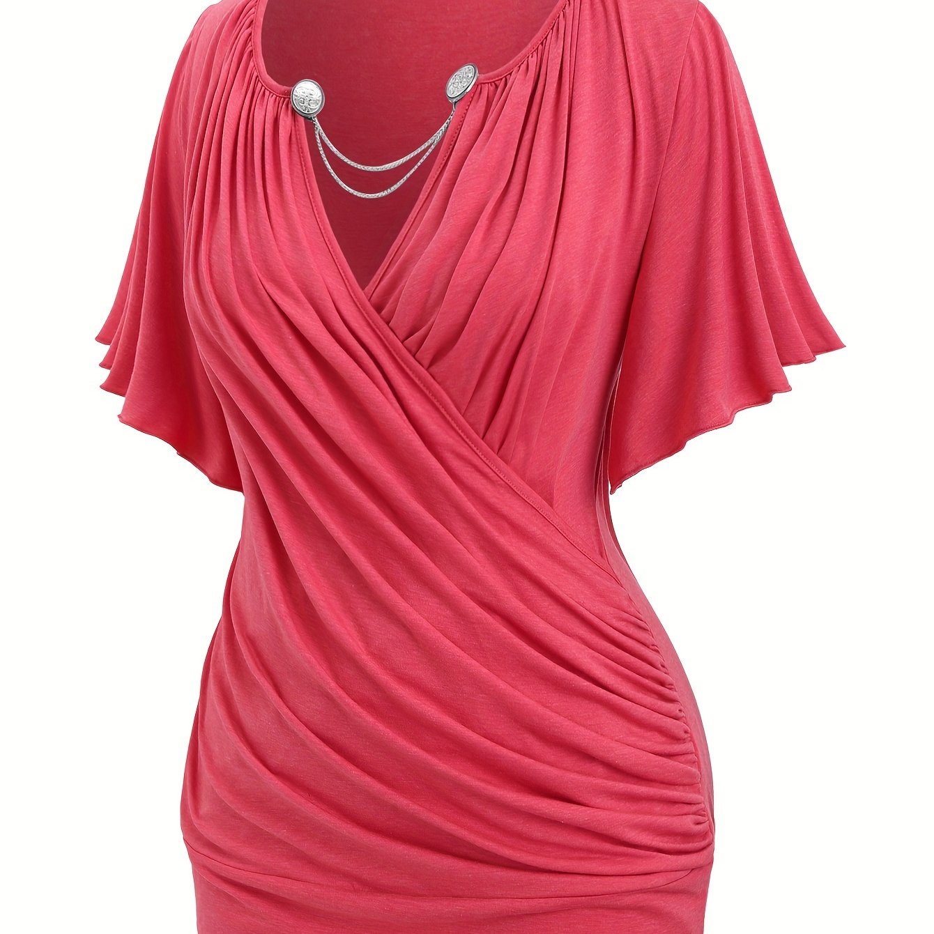 Plus Size Elegant Chain Decor Ruched T-Shirt - Surplice Neck, Short Sleeve, Comfortable, Breathable, Spring & Summer Essential - Women's Fashion Clothing for Curvy Figures