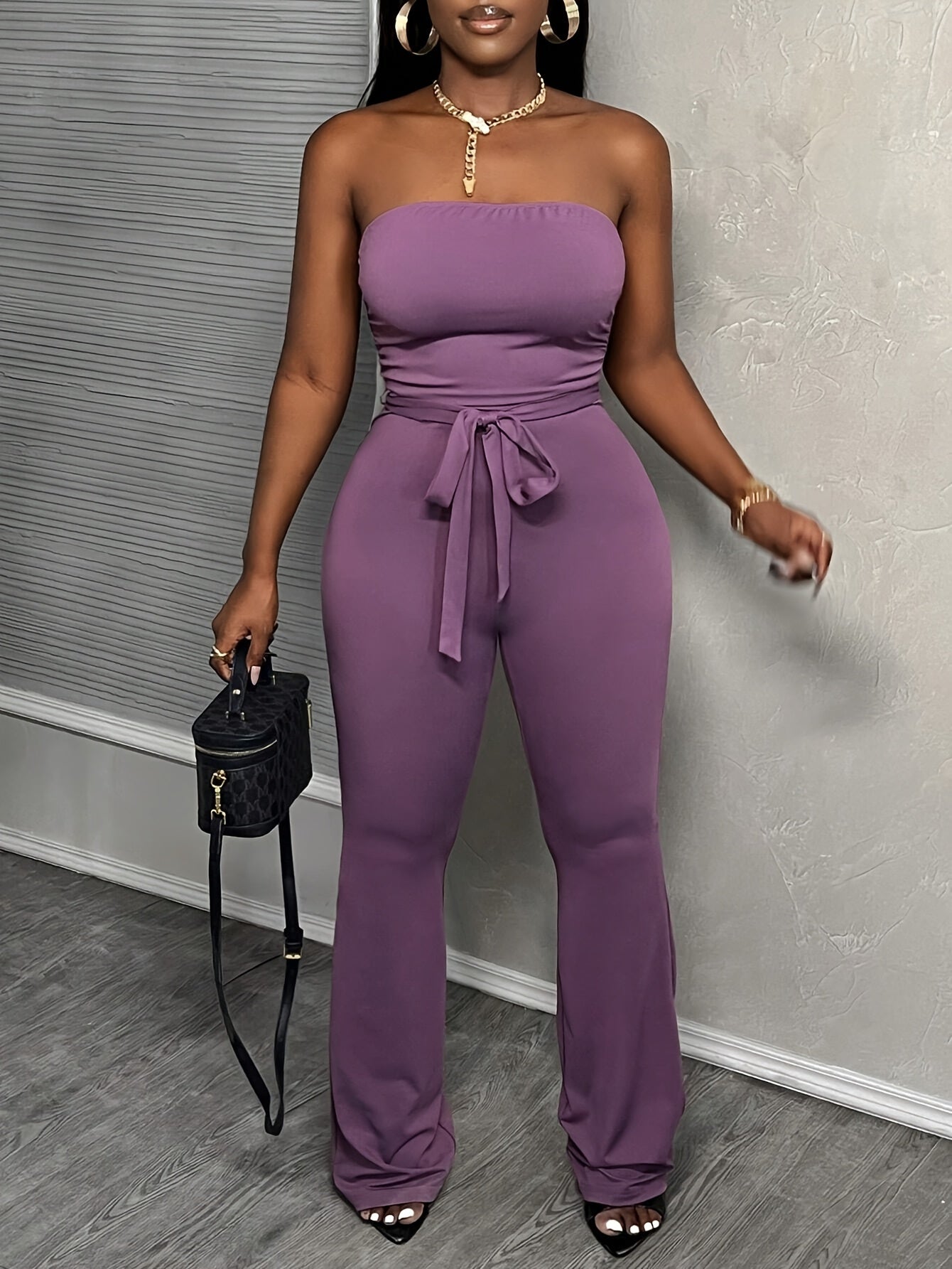 Casual Basic Elegant Purple-red Waist-tied Tube Flared Jumpsuit For Women