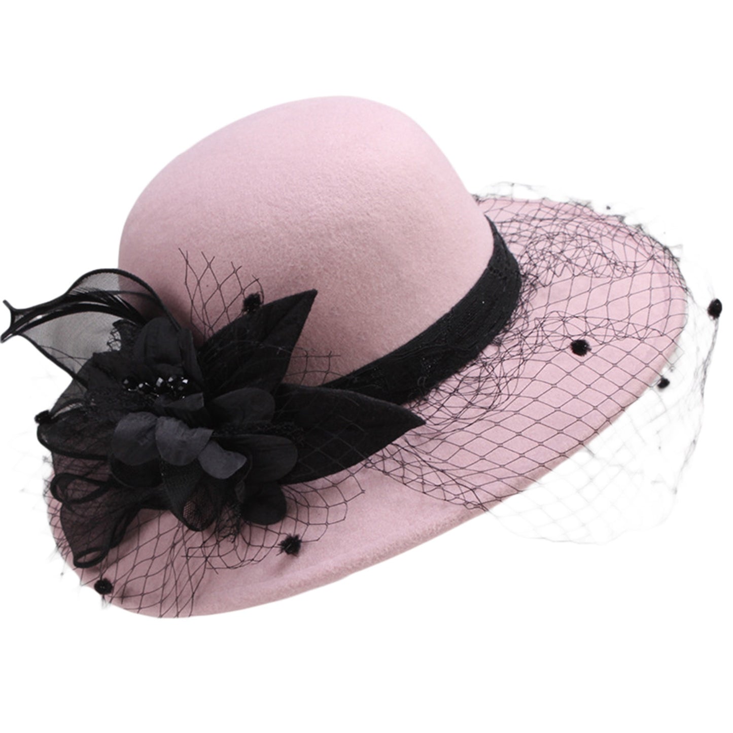 Women's Wide Brim Fedora Hat with Black Lace Veil & Floral Decor - Non- Derby Cap for Church, Bridal Tea Party, Formal Events