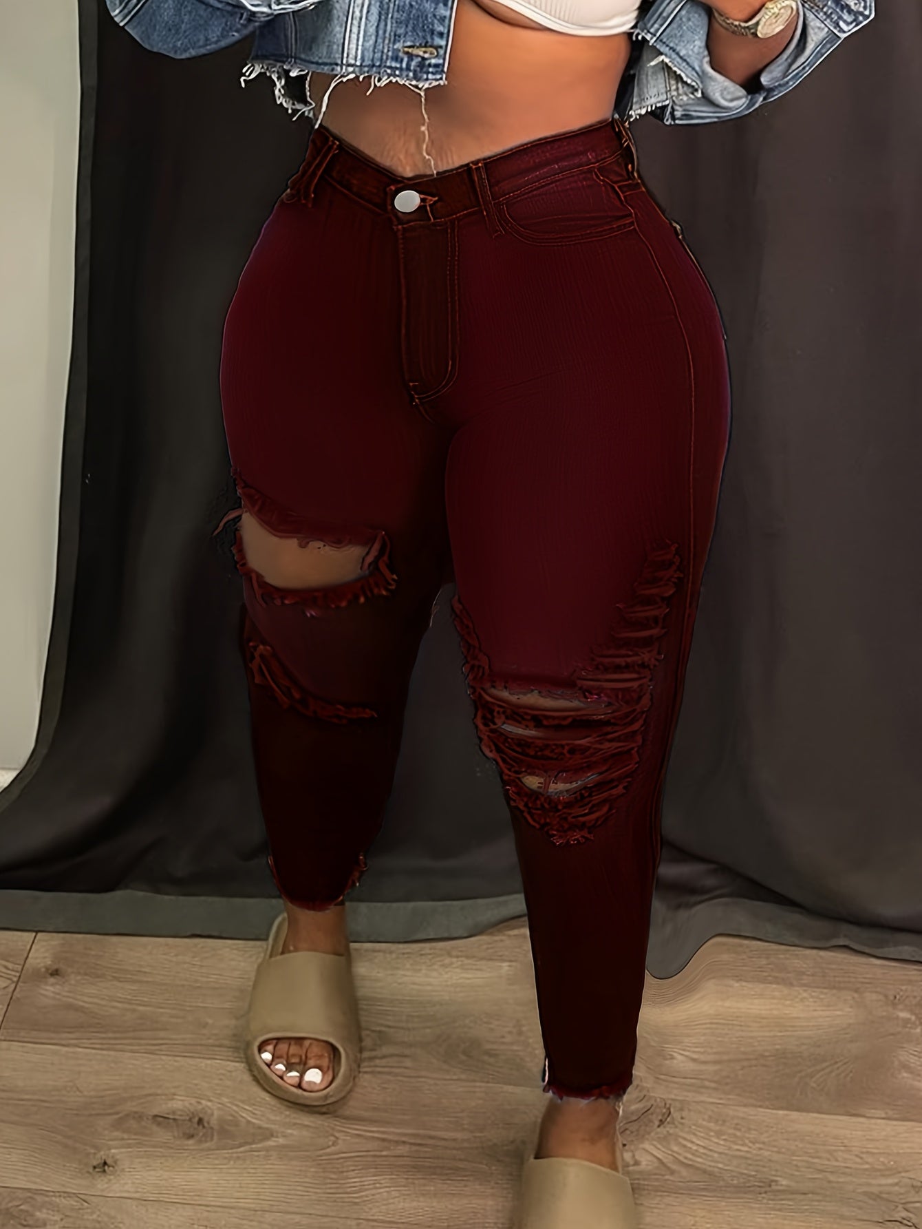 Y2K Women's High Elasticity Mid-Rise Ripped Skinny Jeans with Butt Lift - Plus Size Cropped Denim Pants, Stretchy Streetwear Style for All-Season Wear, Trendy Casual Outfit, Solid Color Design