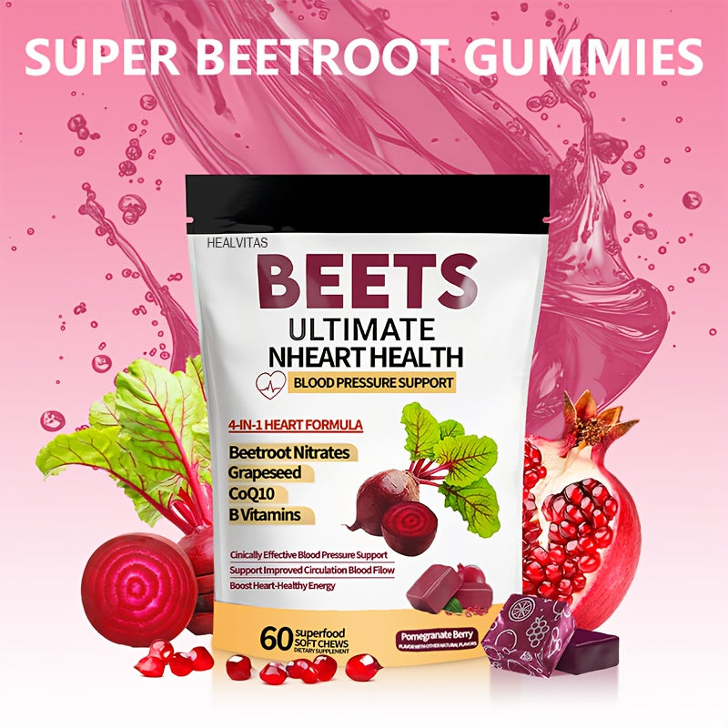 1/2pcs 4-in-1 Super Beetroot Gummies with CoQ10, Beetroot & Grapeseed - Blood Pressure & Heart Health Support, 60 Chewable Vitamins for Circulation, Blood Flow & Endothelial Function, Natural Fruit Flavor, One Month Supply (M