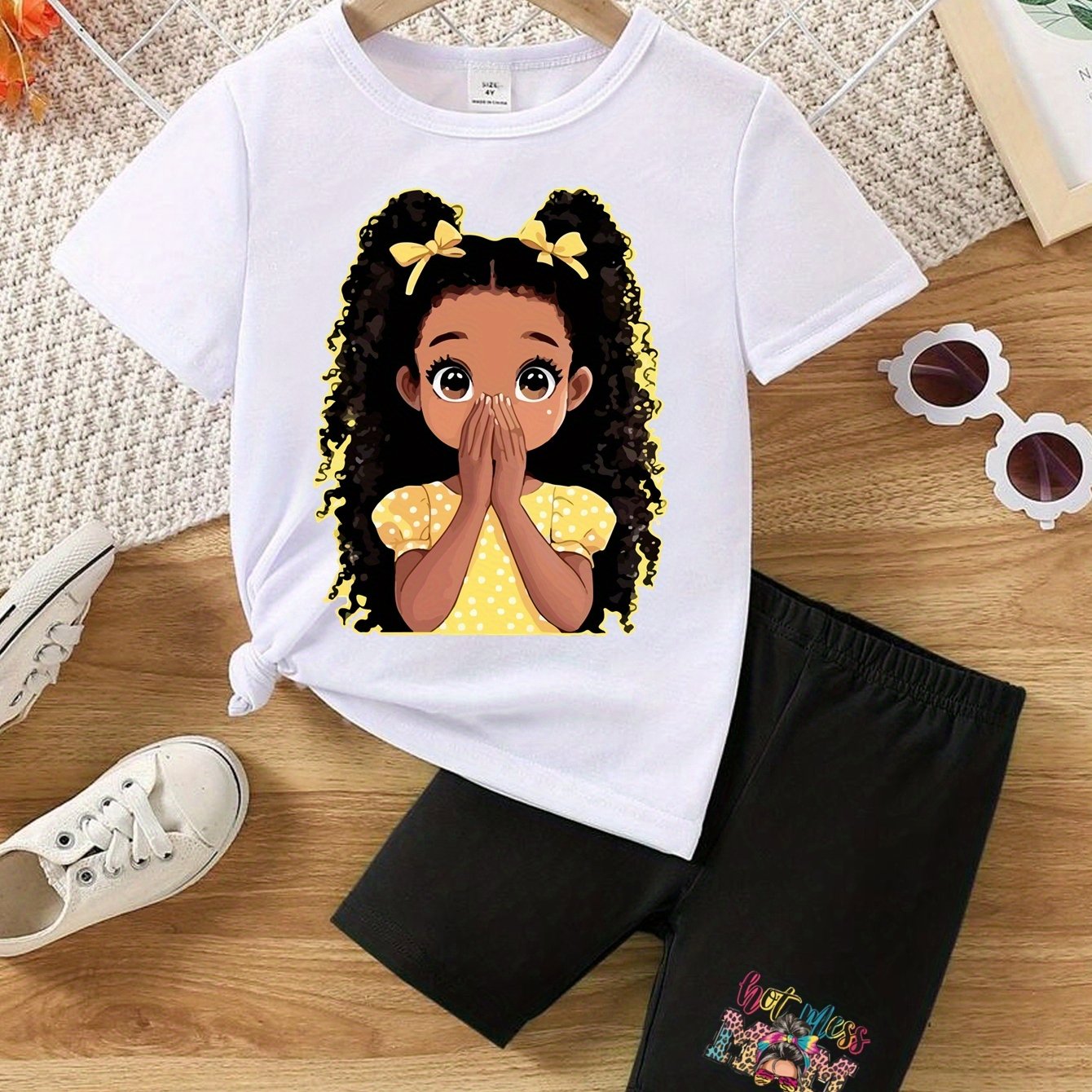 2pcs Toddler Girl Summer Outfit Cartoon "Girl in Yellow Dress" Print T Shirt Top and Casual Shorts Set Cute Infant Short Sleeve Clothes 1-6 Years Old, Perfect for Outdoor