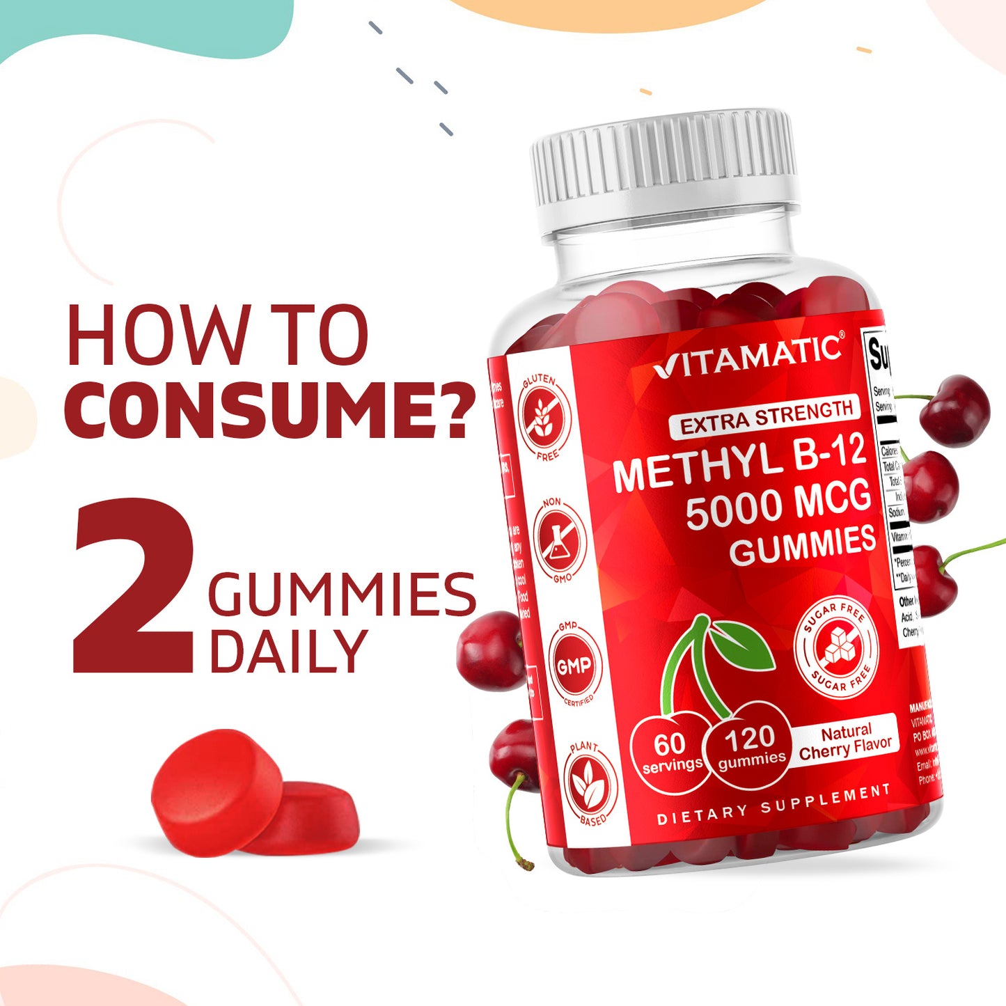 Vitamatic Extra Strength Vitamin B12 5000 mcg (Methyl B12) Gummies - 120 Count - Natural Cherry Flavored