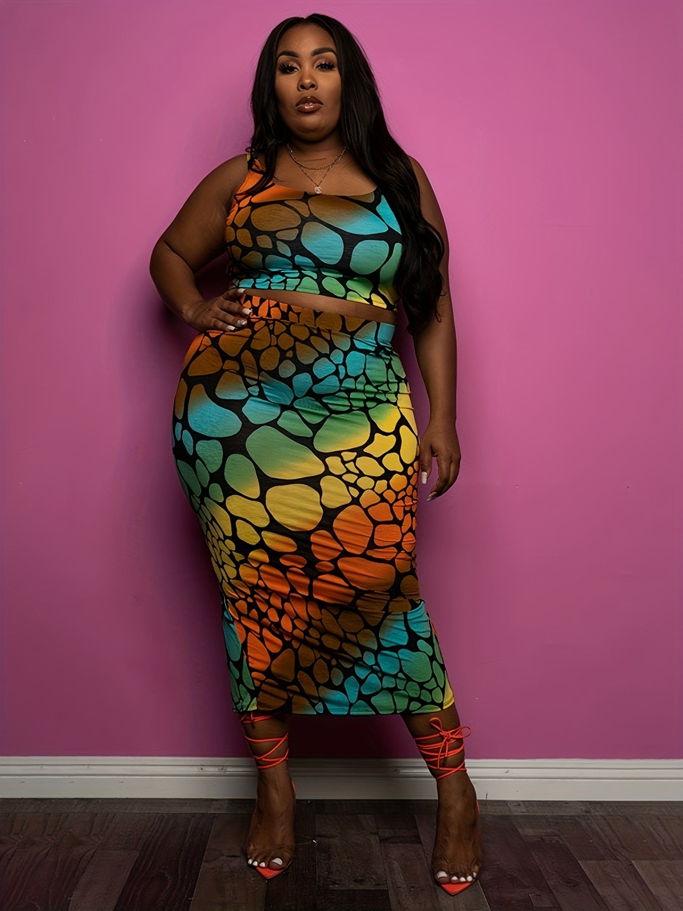 Plus Size - Plus Size Women'S Summer Casual Fashion Sexy Color Block Leopard Print Round Neck Sleeveless Crop Top + Color Block Leopard Print Sexy Bodycon Back Slit Skirt Two-Piece Set