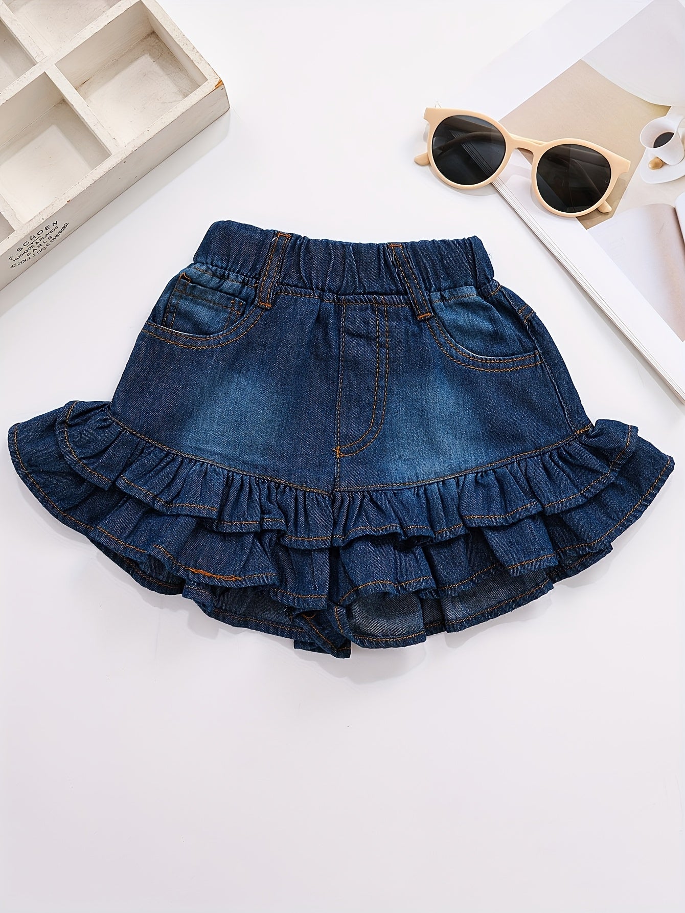 Girls' Denim Shorts - Lotus Leaf Hem, Stylish and Comfortable for Casual Wear