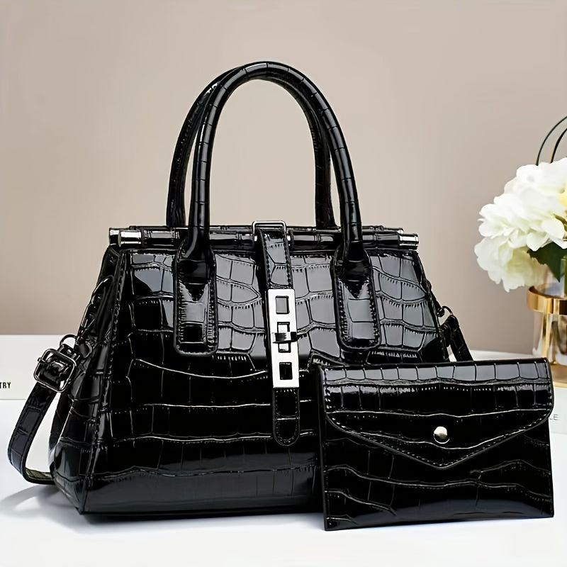 The New Women'S Bag 2025 Fashion Bright Faux Leather Crocodile Print Senior Large Capacity Single Shoulder Crossbody Handbag Two-piece Set