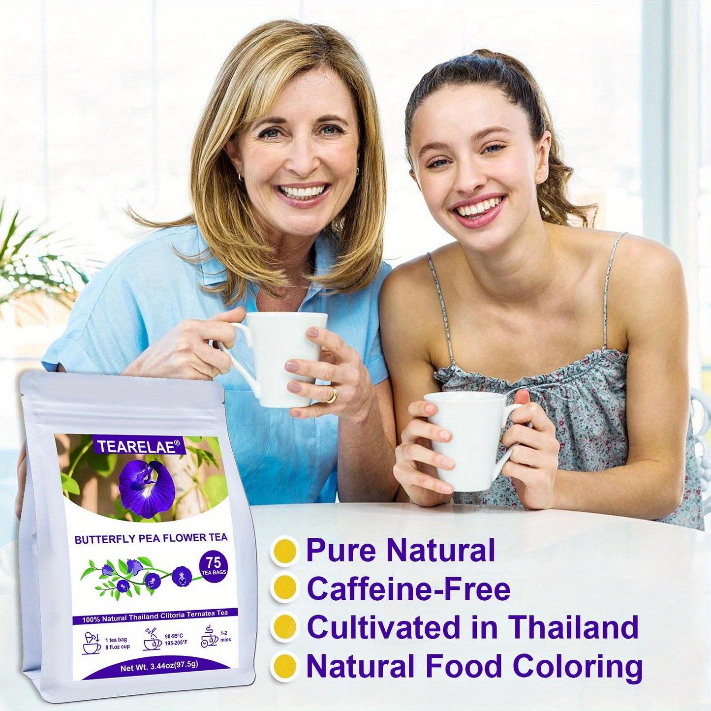 TEARELAE Butterfly Pea Flower Tea Bags - 3.44oz, 75-Count | Natural & Hypoallergenic for Food, Baking & Iced Tea | Magic Color Changing from Blue to Purple | Easy Brew & Share with Family & Friends