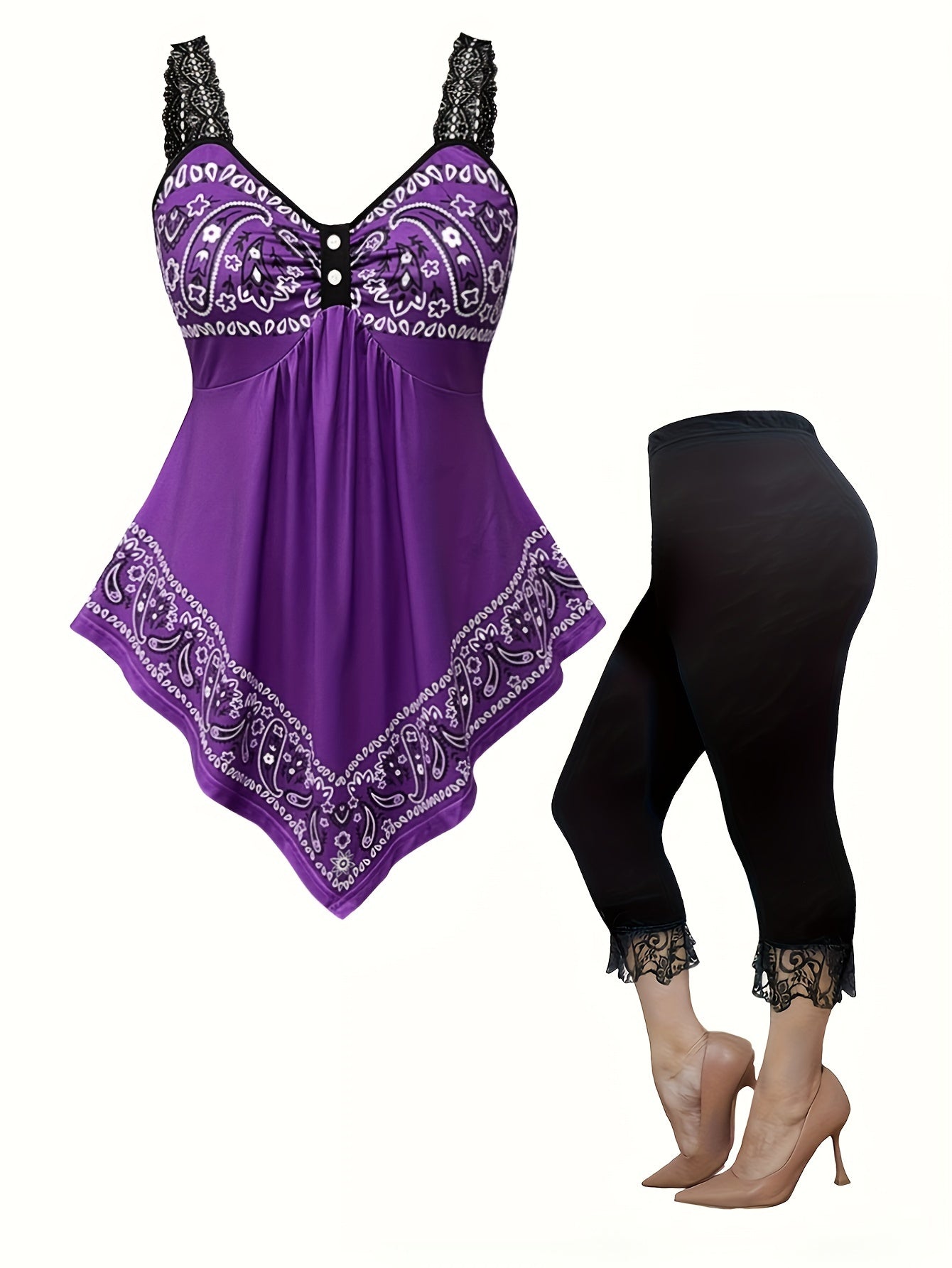 Plus Size Vacation Style Leggings Set, Paisley Print Asymmetrical Hem Lace Tank Top & Lace Stitching Capris Leggings, Women's Plus Size