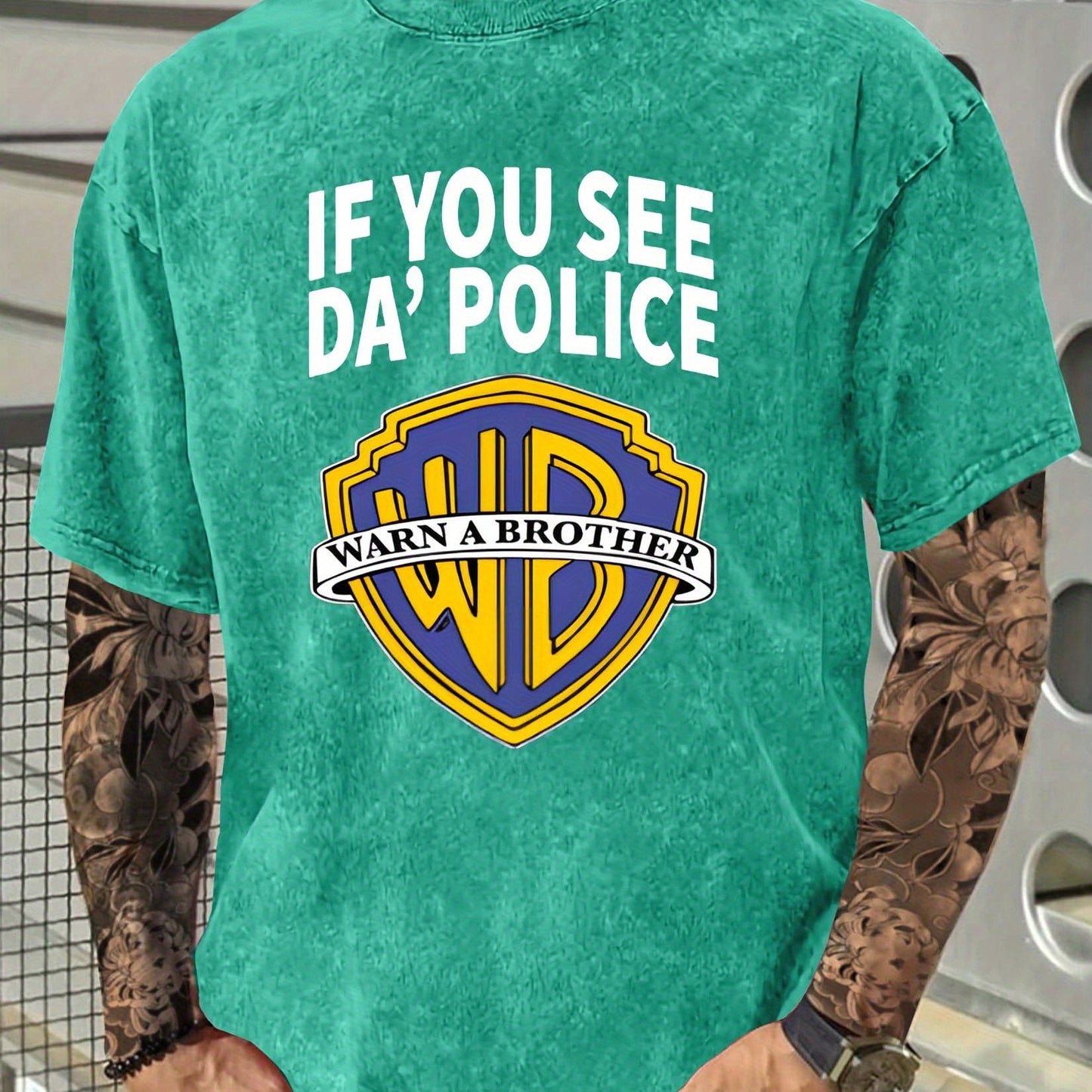 Men's "If You See Da Police" Graphic Cotton T-Shirt - Fun Pop Culture Twist, Distressed Washed Look, Casual Crew Neck Short Sleeve Tee, 230g Thick Cotton, Black with Yellow & White Logo Design, Everyday Clothing | Pop Culture