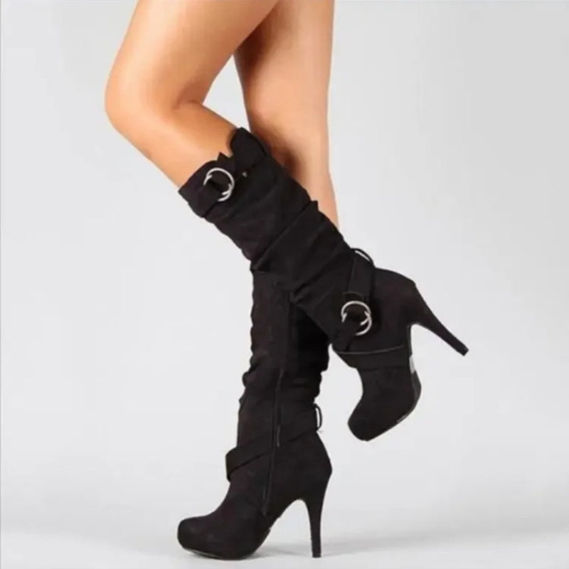 2025 Sexy Knee High Women Boots Thin High Heel Round Toe Platform Fashion Ladies Boots Lady Shoes- Slip-On Platform High Heels, Thin Stable Heels for Stability, PU Synthetic Cover Upper & Non-Slip Rubber Sole - Formal/Casual