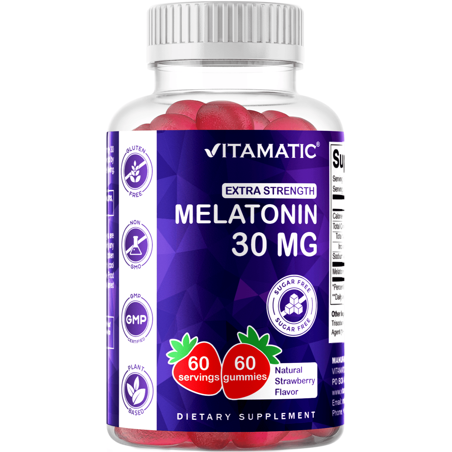 Vitamatic Sugar Free Melatonin 30mg per Gummy - 60 Servings - 60 Vegetarian Gummies - Non-Habit Forming Supplement 60 Count