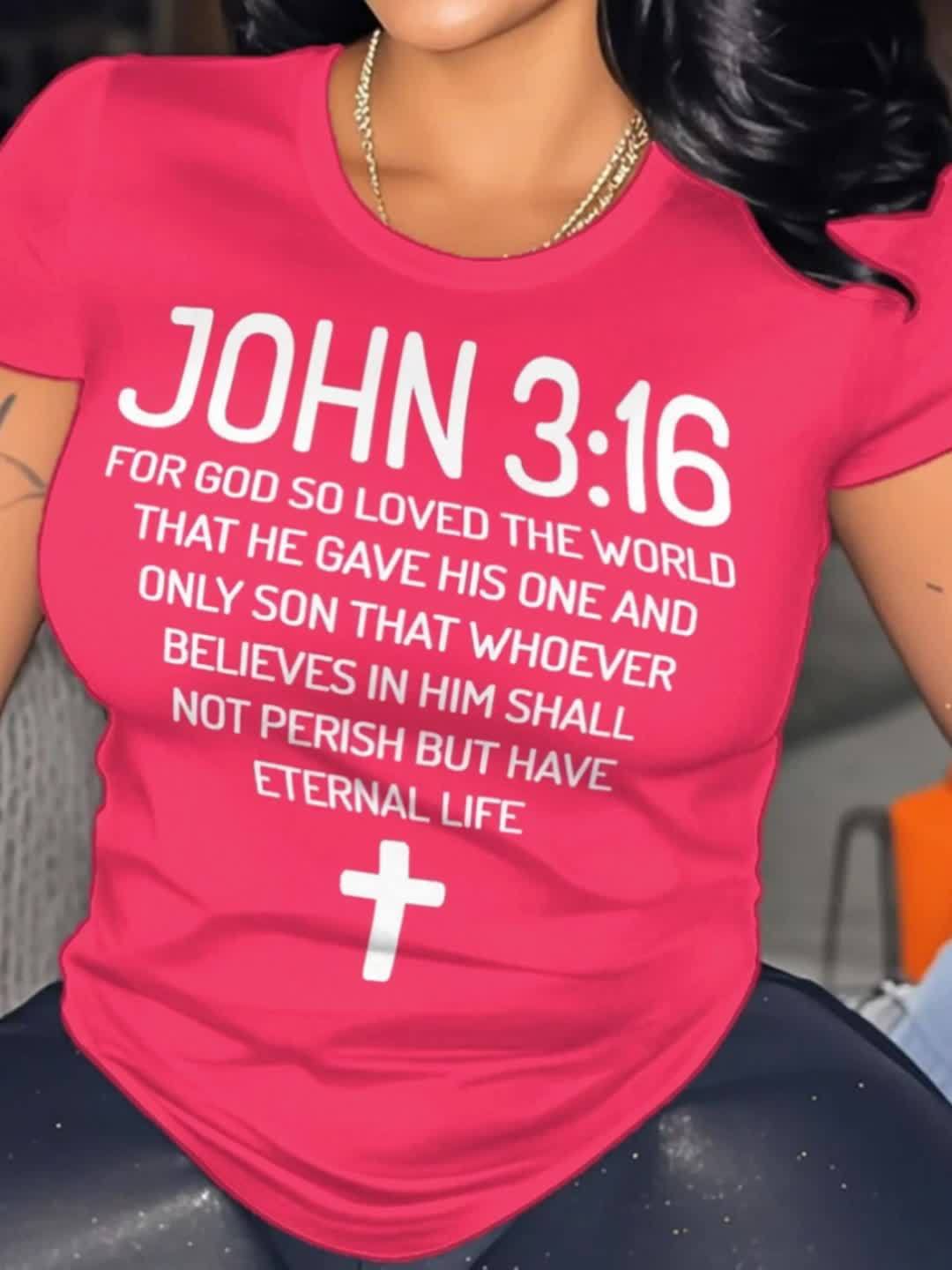 Plus Size - Plus Size Women'S "John 3 16 Bible Verse Scripture Christians" Print Summer T-Shirt | Soft Breathable Fabric | Casual Short Sleeve Round Neck Tee | Summer Vacation Clothing | Size 0XL-5XL - Coral - Black - Rose Re