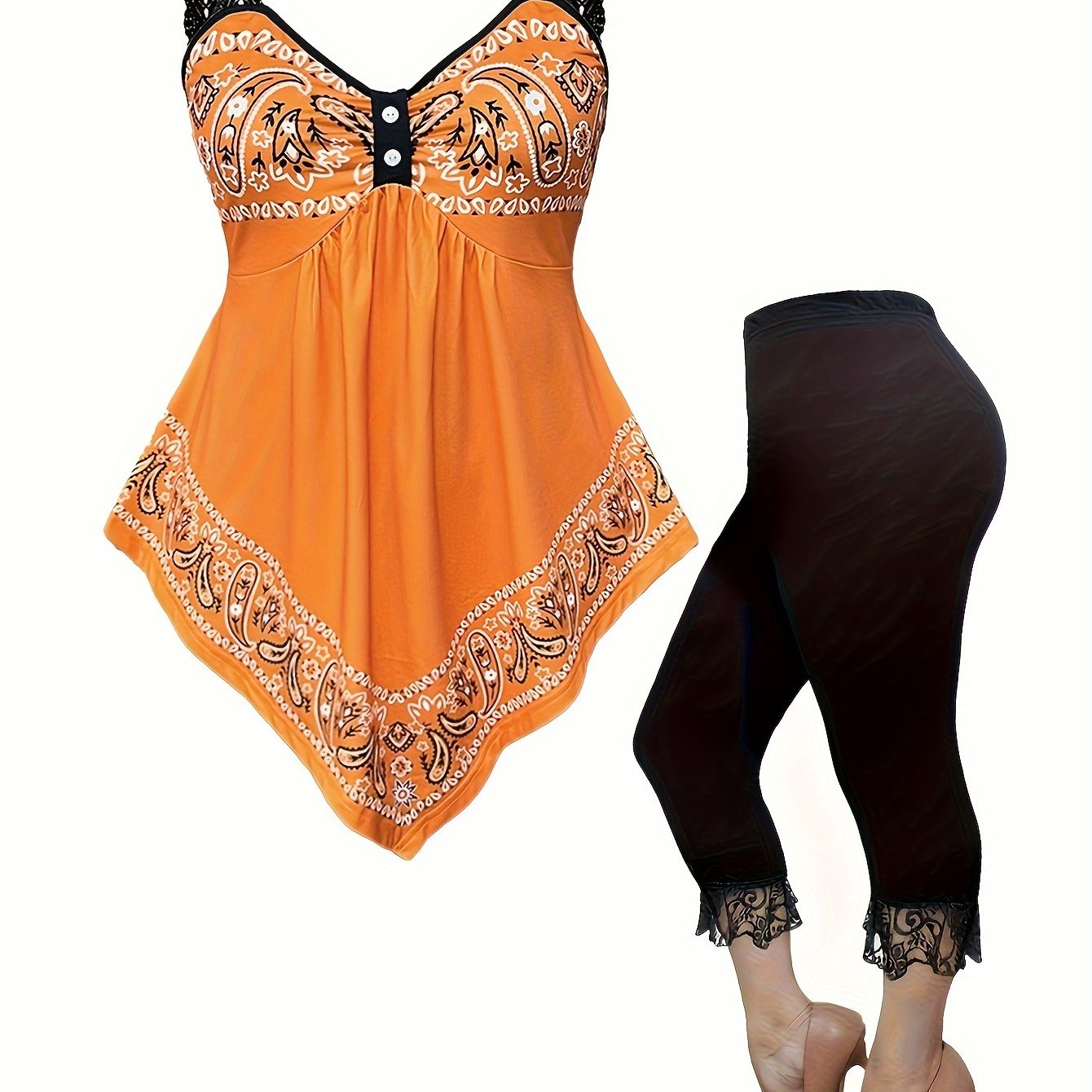 Plus Size Vacation Style Leggings Set, Paisley Print Asymmetrical Hem Lace Tank Top & Lace Stitching Capris Leggings, Women's Plus Size