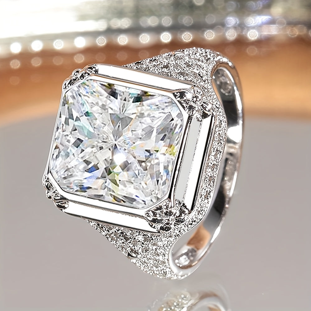 925 Sterling Silver Wide Face Ring, Luxurious And Fashionable, Princess Square Design, Fully Set with 5A Zirconia, Suitable for Daily Wear, Engagement, Date Parties, As A Gift for Your Girlfriend, with Gift Box Included