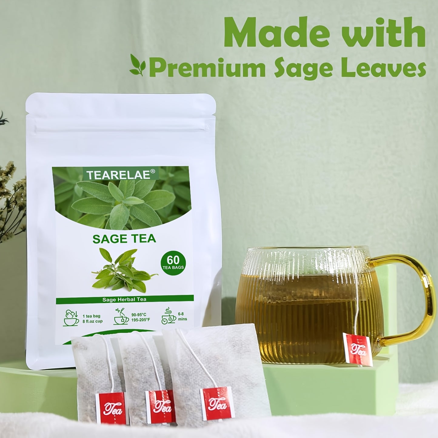 TEARELAE - Sage Tea - Caffeine-free Salvia Officinalis - Cut&Sifted Natural Sage Leaf Tea Bags - 3.18 oz (1.5g X 60 Bags)