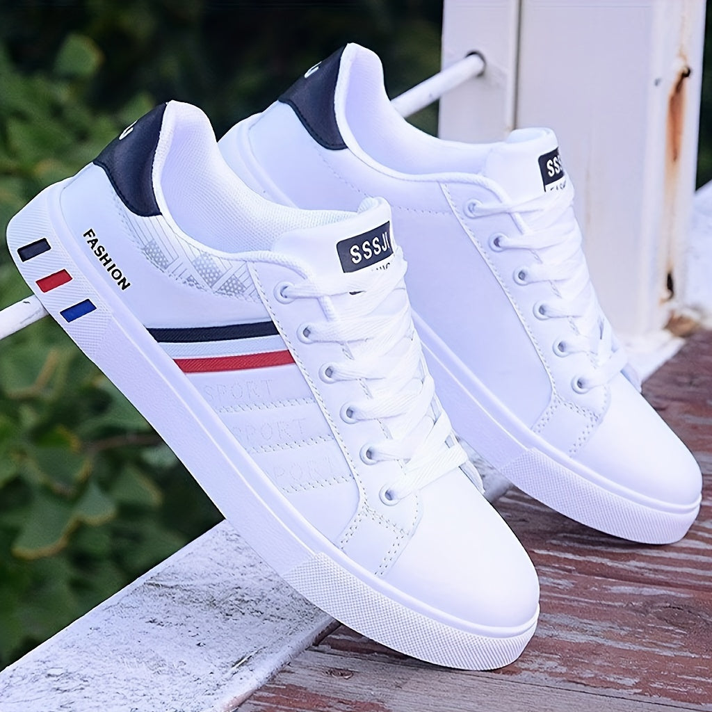 NVSHIXIUXIANPINGDI Women's Casual Flat Sneakers - Sporty White with Blue & Red Stripe, Lace-Up, Lightweight EVA Material, All-Season Comfort Shoes, Cute Shoes