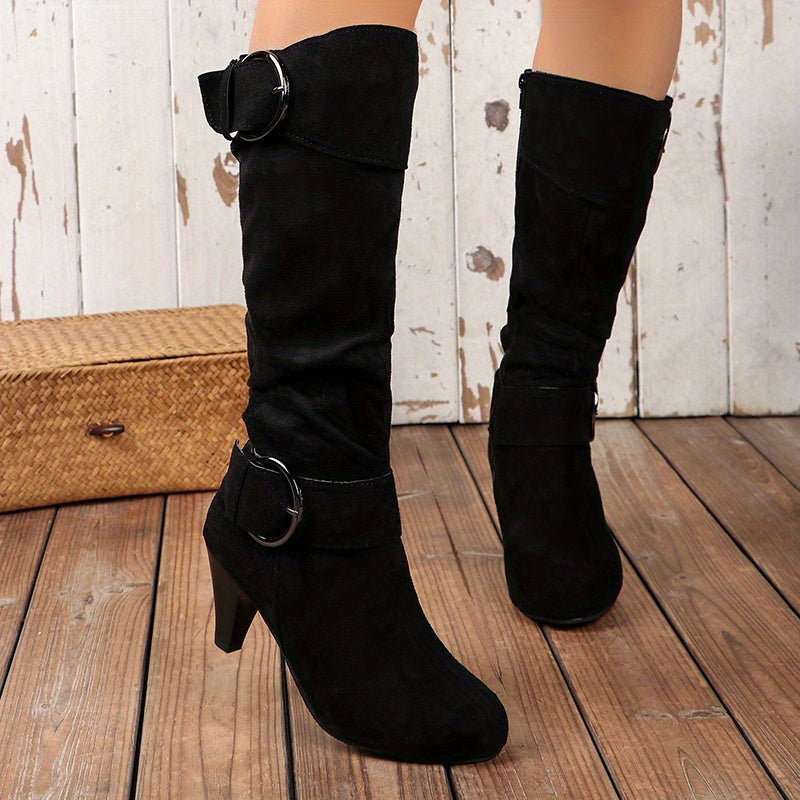 Chic Women's Mid-Calf Boots with Stiletto Heel - Side Zipper, Comfortable Fabric Lining, Rubber Sole - Perfect for Casual Outings
