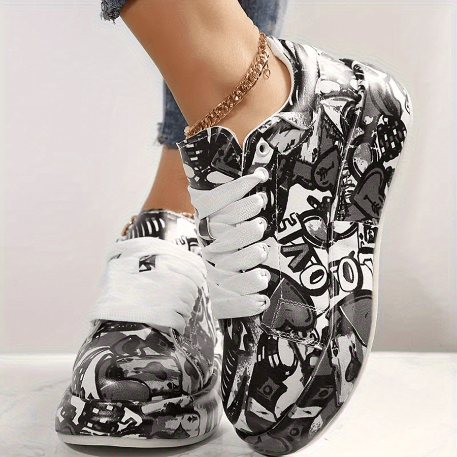 Women'S Breathable Low-Top Lace-Up Sneakers with Thick Rubber Sole- Monochrome Graphic Print Casual Shoes for Petite Women, All-Season Versatile Sneakers with Synthetic Cover Upper, Ladies Sneakers, Everyday Footwear, Modern