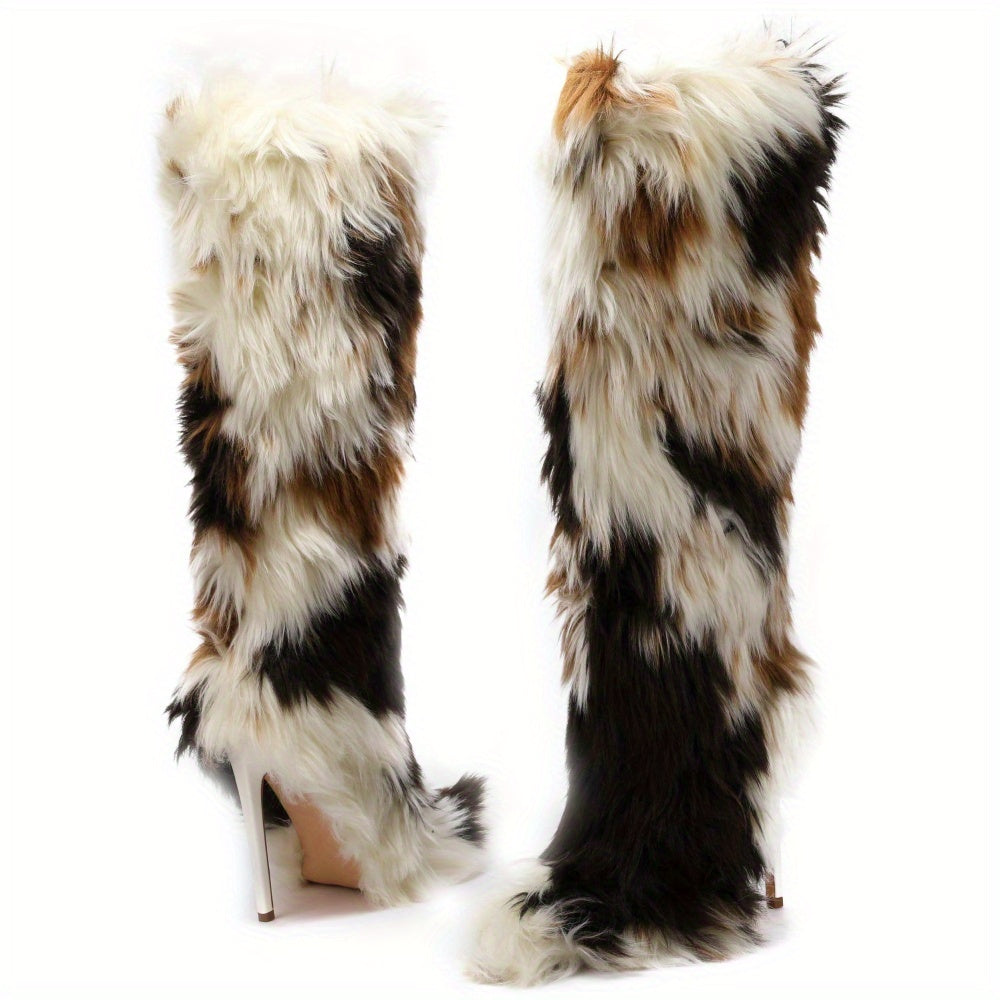 Women'S Faux Fur Knee-High Boots with Kitten Heel - Furry Fluffy Pointed Toe Winter Comfy Plush Warm Boots