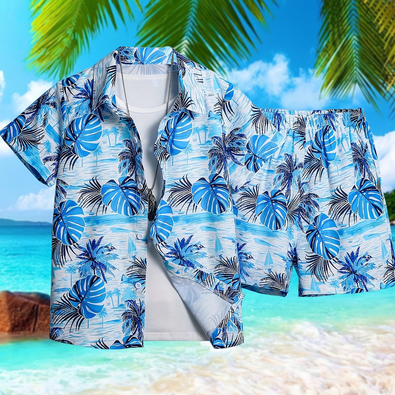 2pcs Boys' Coconut Tree Print Short Sleeve Shirt and Shorts Set, Comfortable Summer Casual and Outdoor Wear, Perfect for Outdoor