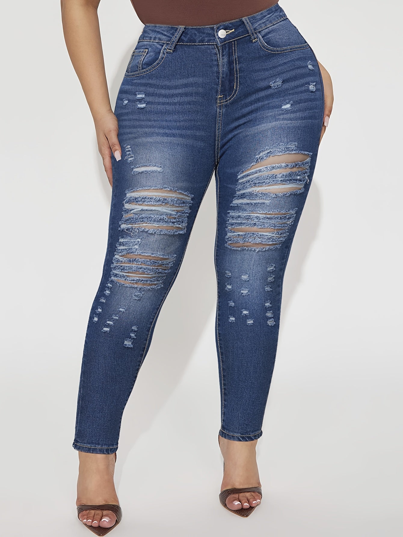 Plus Size Casual Jeans, Women'S Plus Washed Ripped Button Fly Fringe Trim High Stretch Skinny Jeans