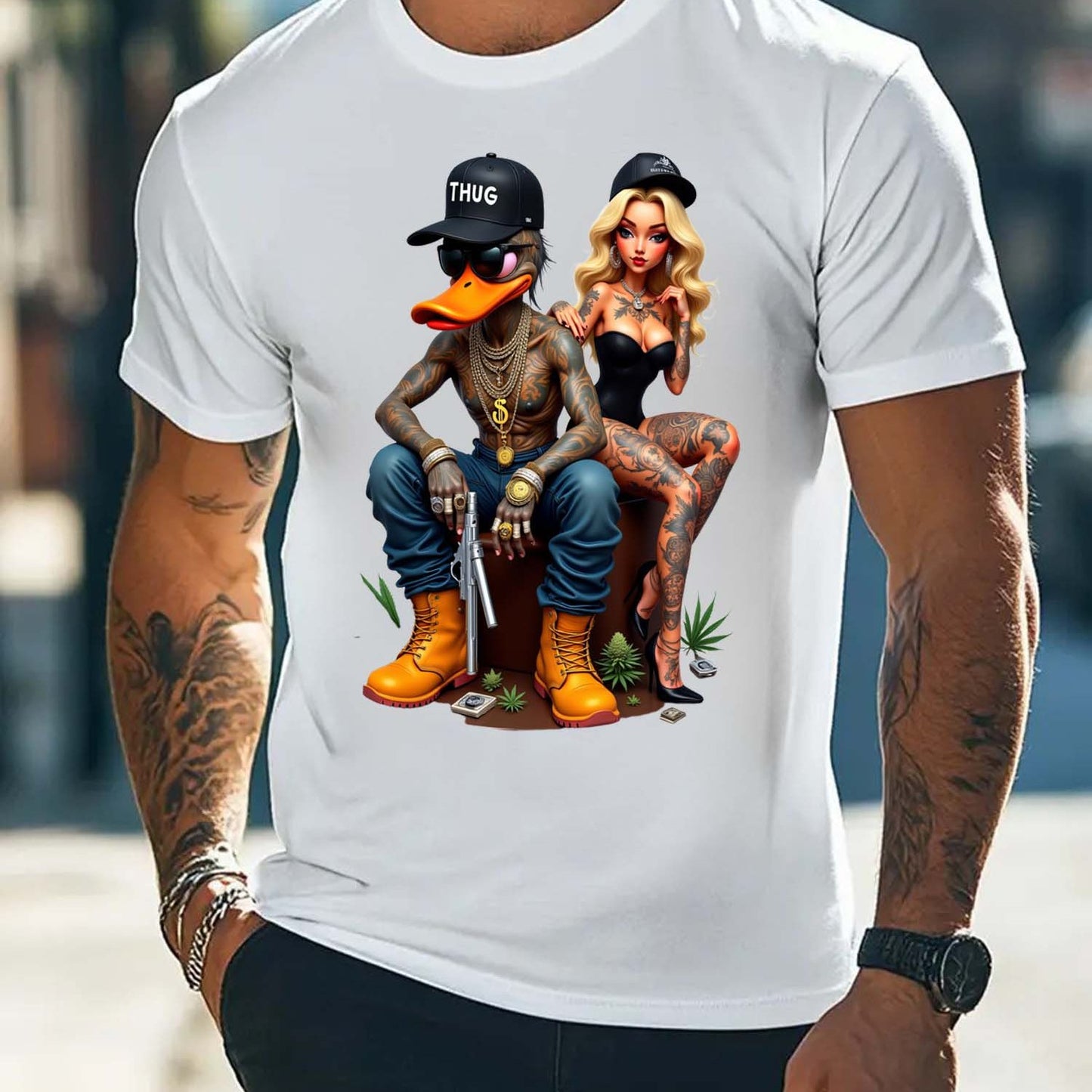 Duck and Lady Graphic T-Shirt - Unisex 100% Cotton Streetwear Tee with Duck & Lady Design, Golden Chains & Tattoos, Regular Fit Short Sleeve Round Neck Casual Shirt for Men & Women