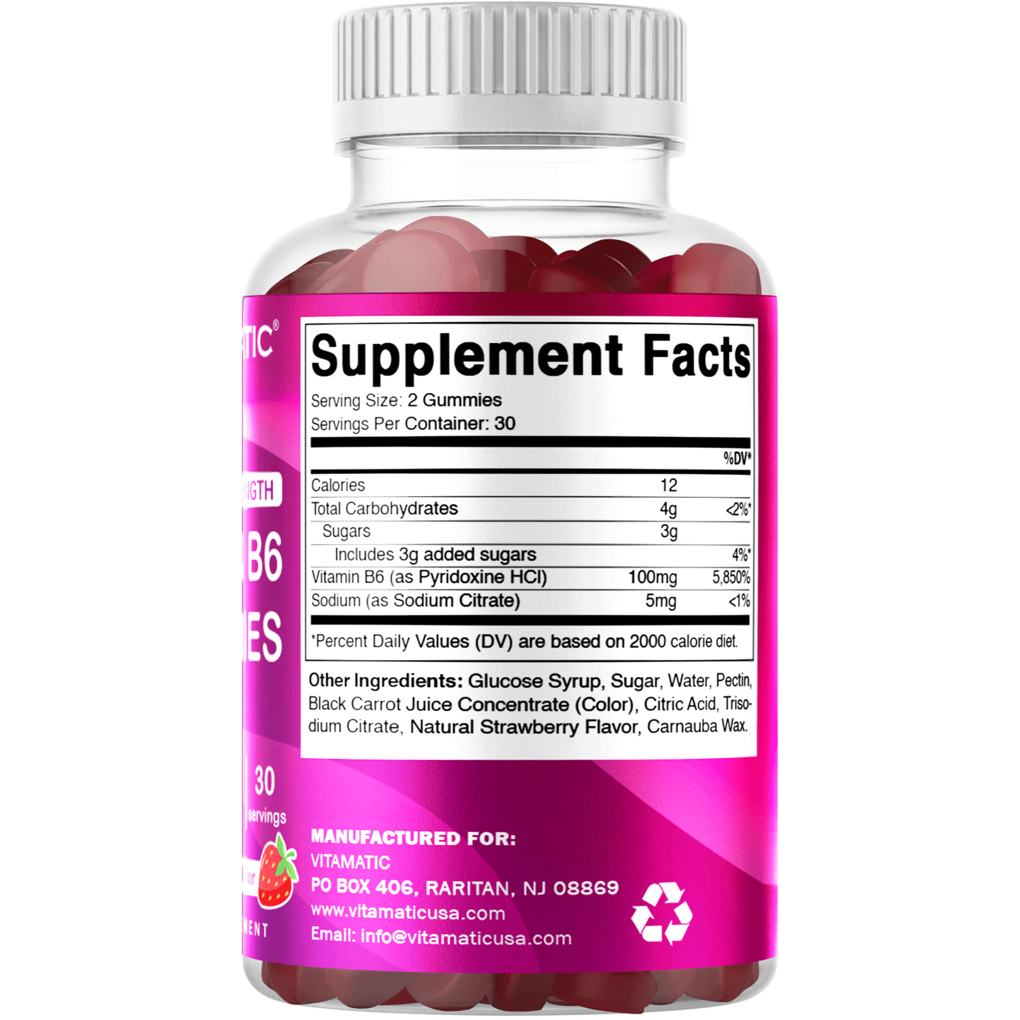 Vitamatic Vitamin B6 100mg - Berry Flavor - 60 Pectin Based Gummies - Supports Nervous System