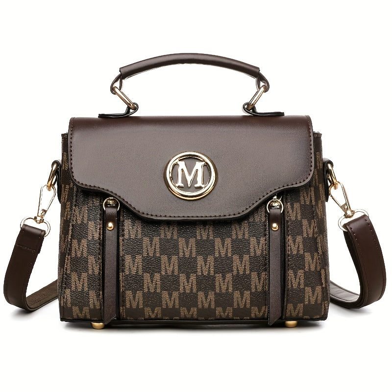 Vintage Geometric Women's Handbag - Large Capacity PU Shoulder Bag with Golden-Tone Hardware, Herringbone Pattern & Letter "M" Design, Detachable Strap, Perfect for Everyday Use (Light Brown/White/Black)