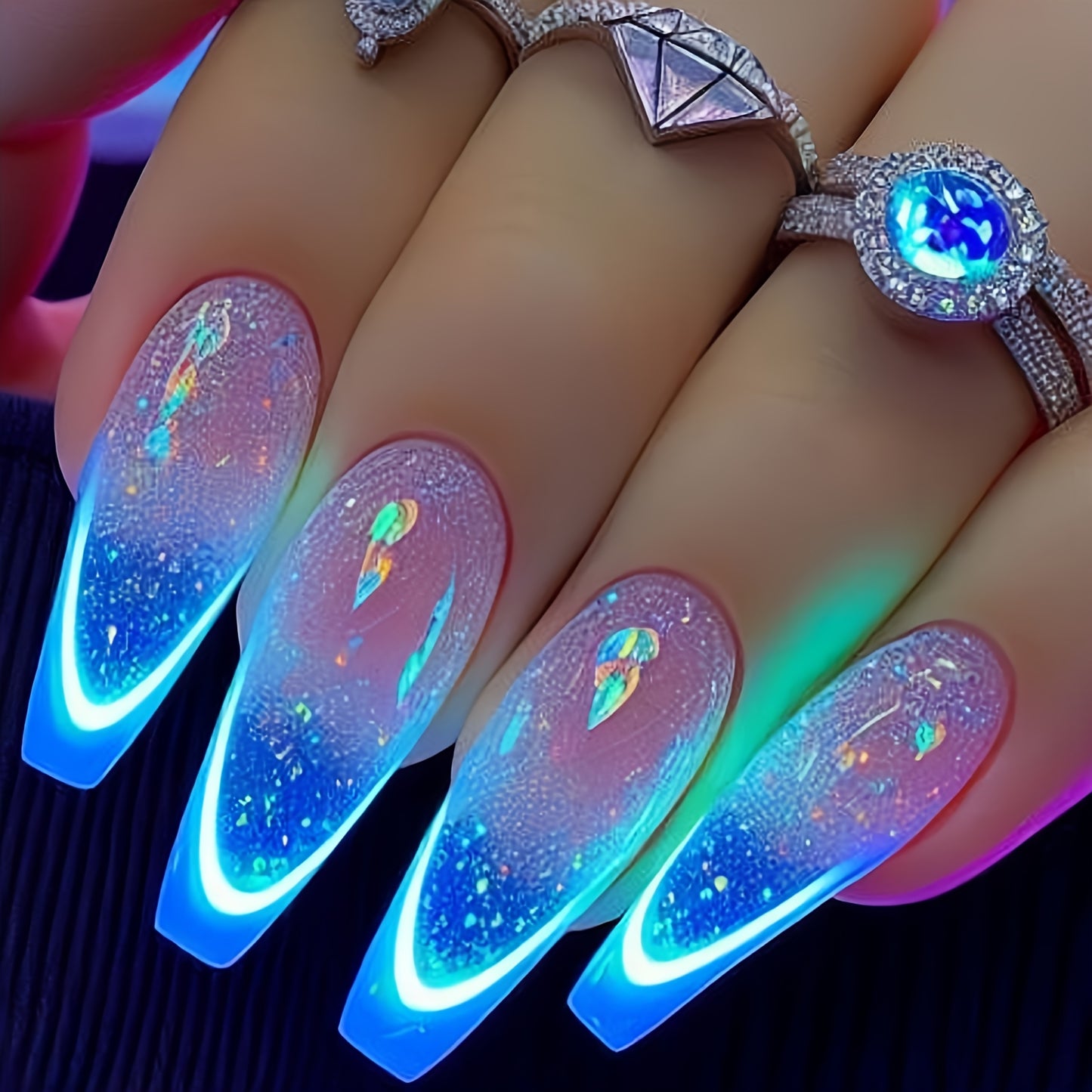 Medium-Long Ballet-Shaped Blue Striped Ombre Fake Nails - Glossy Detachable Press-On Nails with Neon Tips for Parties, Events & Special Occasions, Nails Accessories, Event Manicure, Durable Pressons, Fashion Lovers