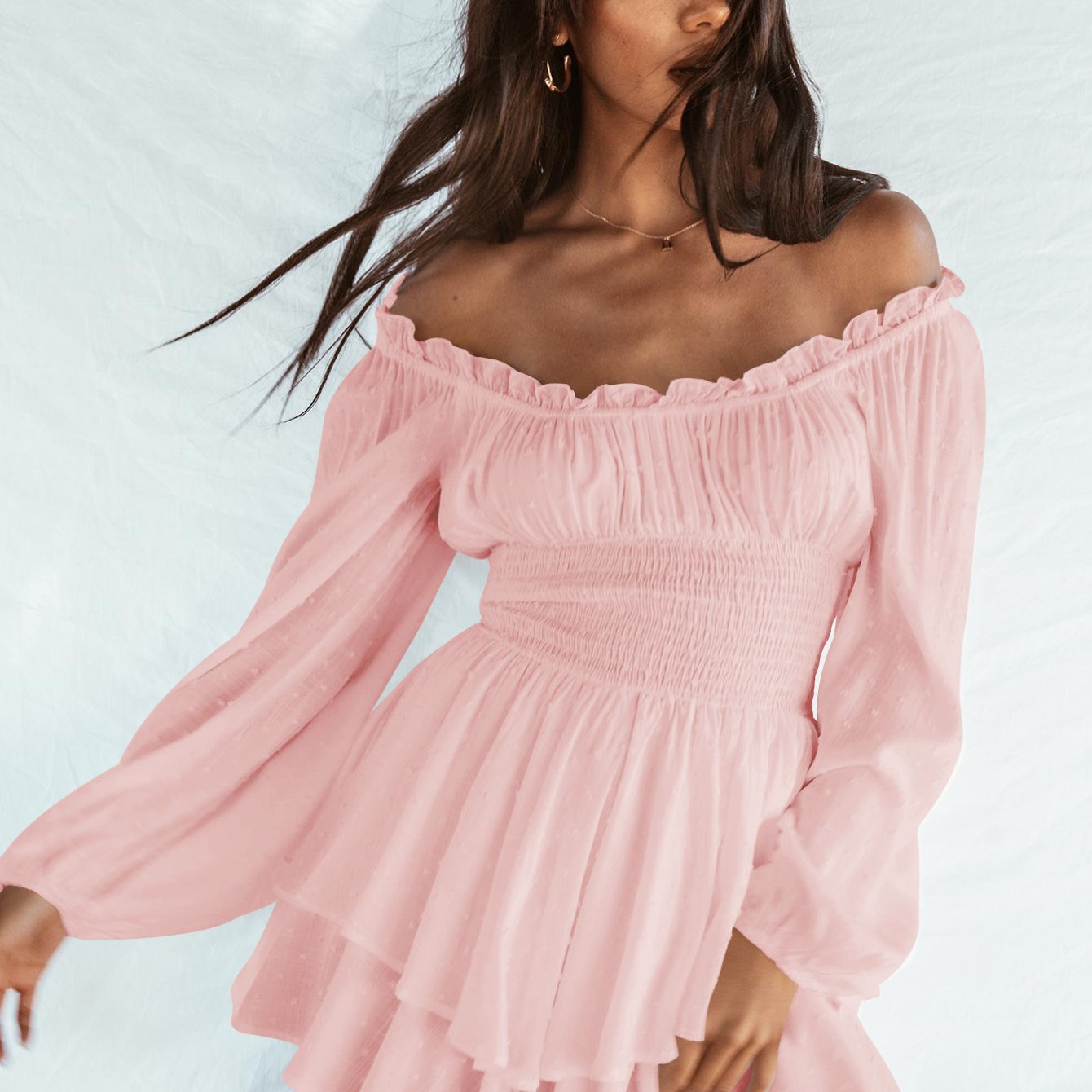 Vintage Y2K Women's Romper - Off-Shoulder, Ruffle, Long Sleeve, Light Pink Polyester, Pleated Waist, Spring/Summer Retro Style
