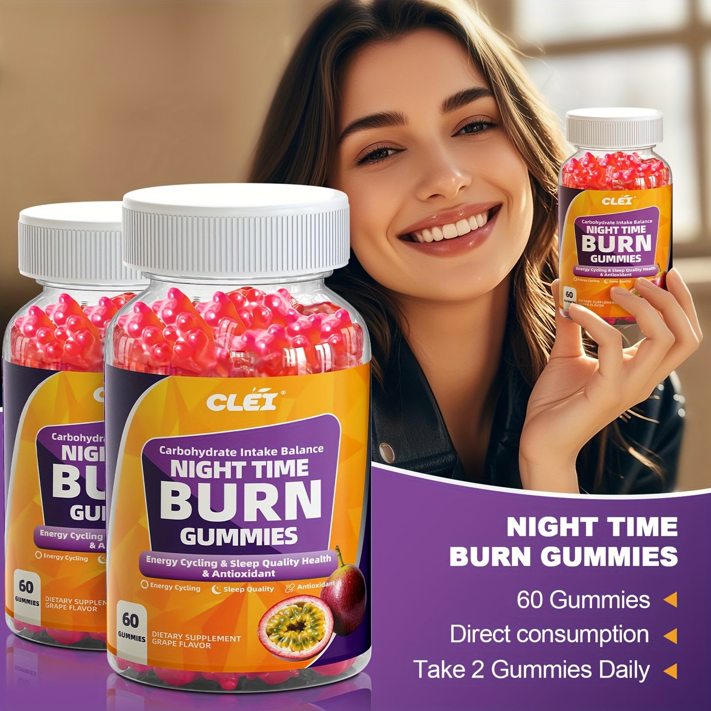 CLEI-NIGHT TIMEBURN Antioxidant Gummies with White Kidney Bean Extract, Green Coffee Bean Extract, Lemon Balm, Melatonin & Passionflower - 60 Gummies for Sleep Aid, Mood Support & Nighttime Digestion, Gentle Nighttime Formula
