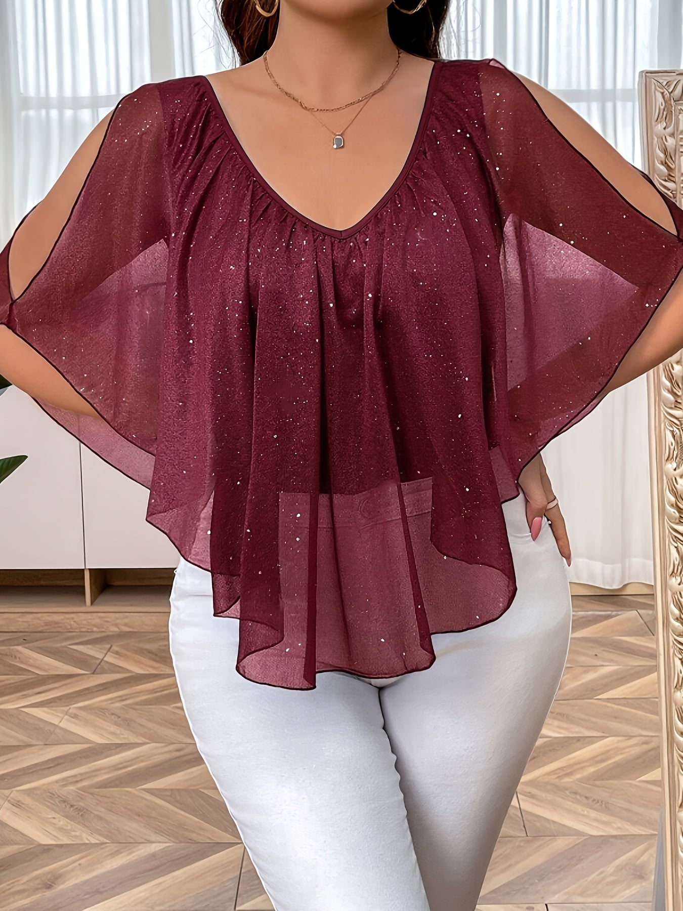 Women'S Elegant V-Neck Pleated T-Shirt, Summer Knit Polyester Tee with Frill Detail, Medium Stretch Solid Color Top, 95% Polyester 5% Elastane, 180g/m² Fabric Weight