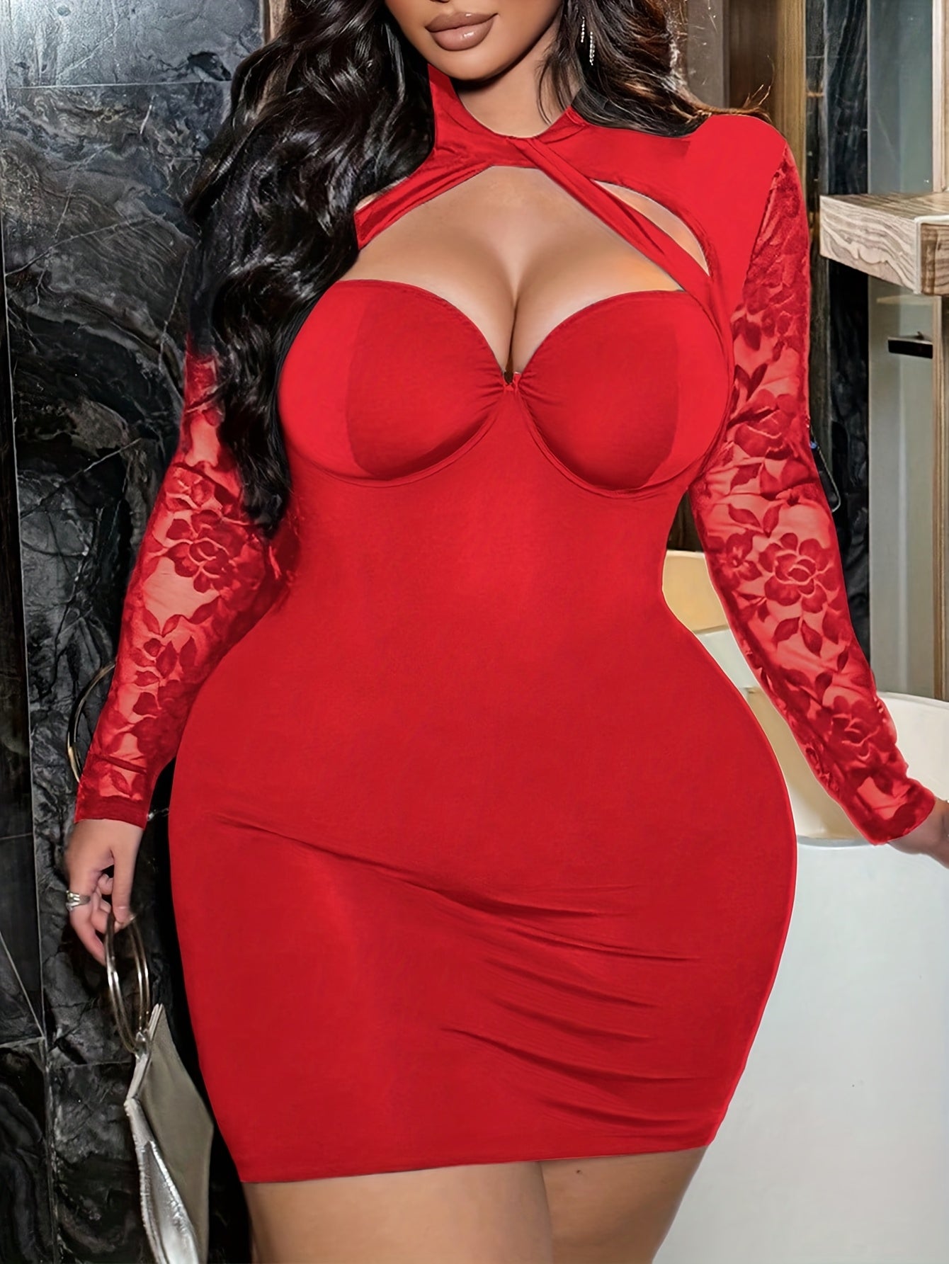 Plus Size - Plus Size Christmas Bodycon Dress for Women, Lace Long Sleeve Cutout High Neck Mini Dress, Sexy Elegant Party Clubwear Evening Gown