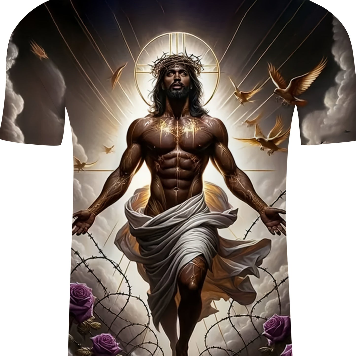 Men's 3D Baroque Messiah Art T-Shirt - Soft Polyester Summer Short Sleeve Tee with Full-Body Religious Art Print, Regular Fit for Casual, Travel & Vacation Wear, Comfortable Daily Shirt, Classic Round Neck, Durable Casual Shi