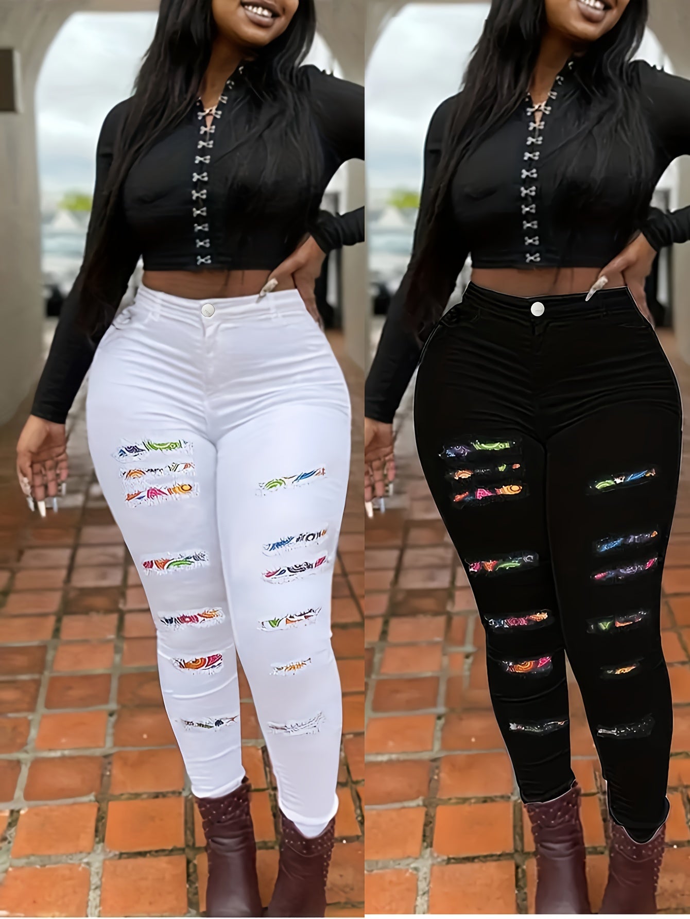 Women's Plus Size Casual Skinny Printed Patchwork Ripped Denim Jeans With Stretch, Full Length Pencil Pants, Fashion Printed Trousers