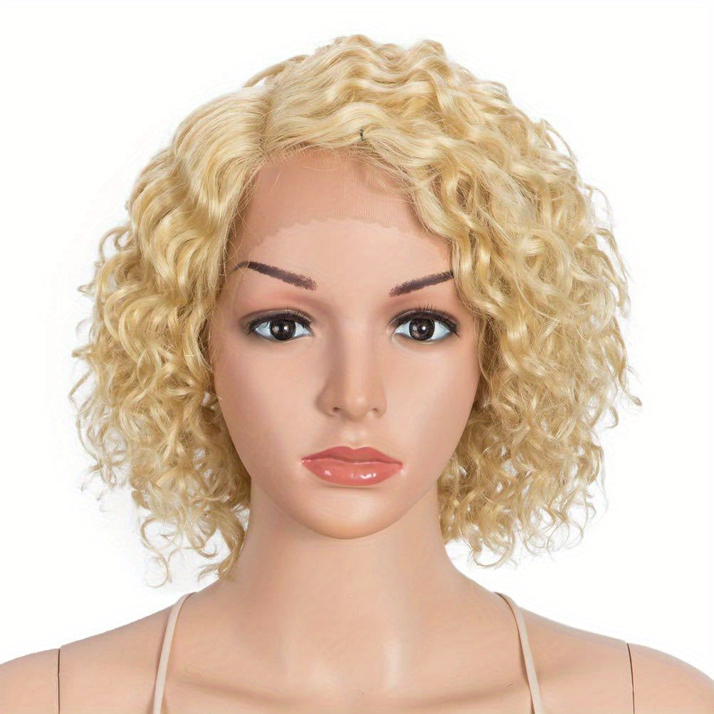 10" Human Hair Afro Wigs Short Curly Wigs for Black Women Lace Front Side Part Wigs (10 Inch, 613)