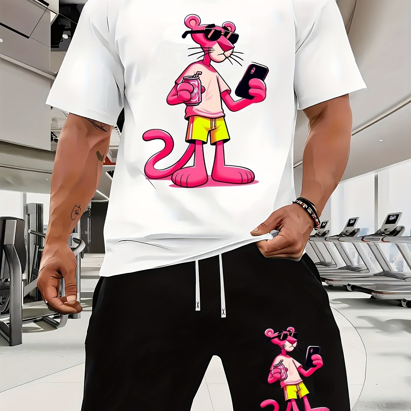 Men'S Short-Sleeved T-Shirt And Waist-Tightening Shorts Set with Trendy Pink Leopard Image Print, Casual Sports Regular Top And Pants Suit, Suitable for Spring And Summer Matching