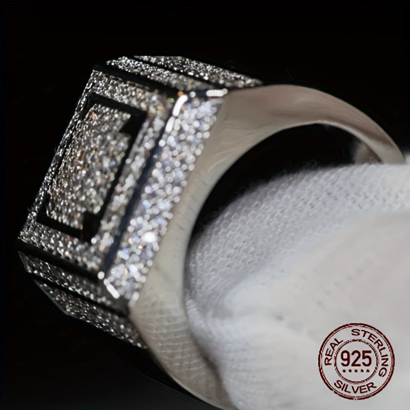 Noble 925 Sterling 925 Silver Rings for Men Dazzling Synthetic Zirconia Geometric Square Trendy Punk Wedding Business Ring Jewelry