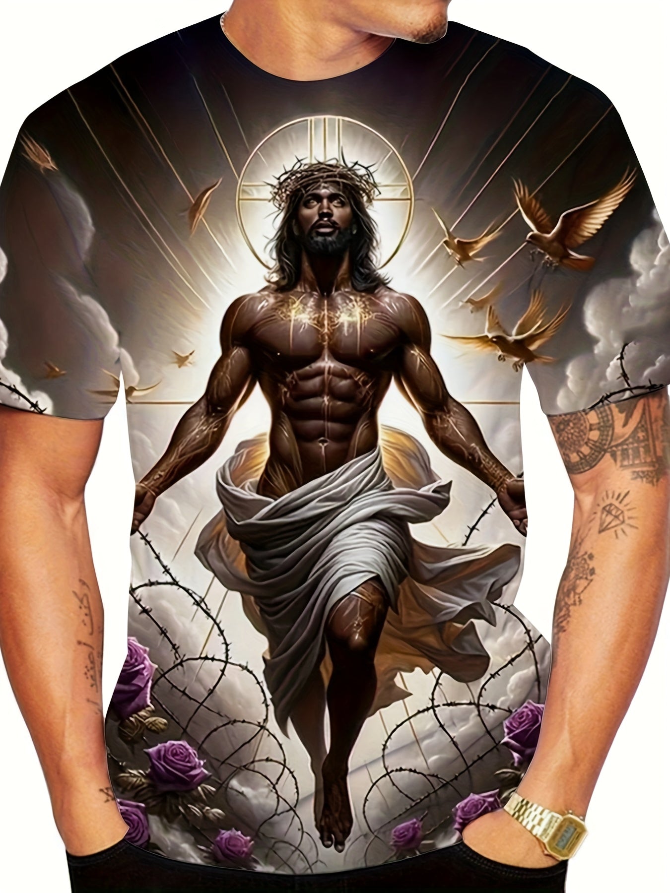 Men's 3D Baroque Messiah Art T-Shirt - Soft Polyester Summer Short Sleeve Tee with Full-Body Religious Art Print, Regular Fit for Casual, Travel & Vacation Wear, Comfortable Daily Shirt, Classic Round Neck, Durable Casual Shi
