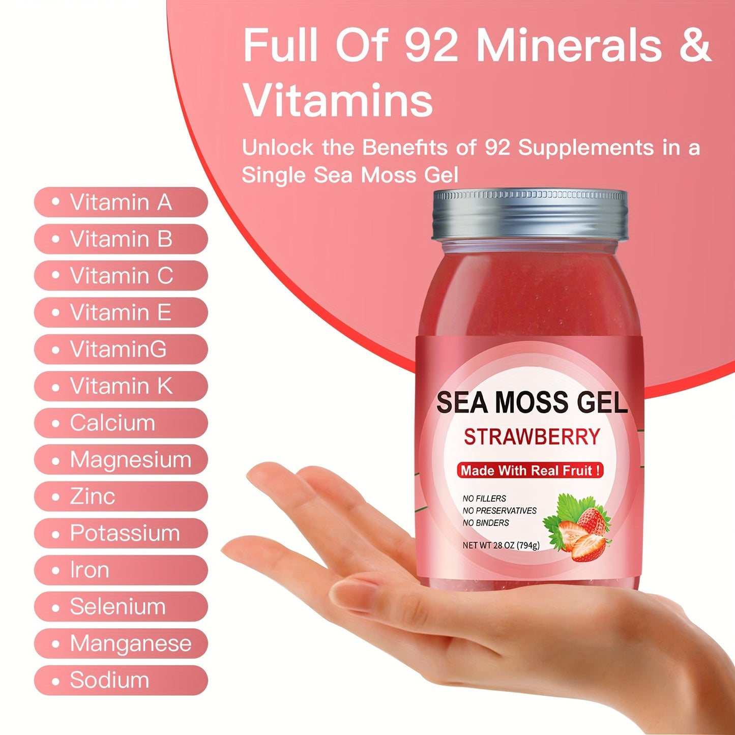 All-age Use, Raw Irish Sea Moss Strawberry Flavor Sea Moss Gel True Strawberry Flavor Sea Moss Gel Raw Sea Moss Gel, Nutritional Supplement, NET WT 28oz, Rich In Minerals & Vitamins