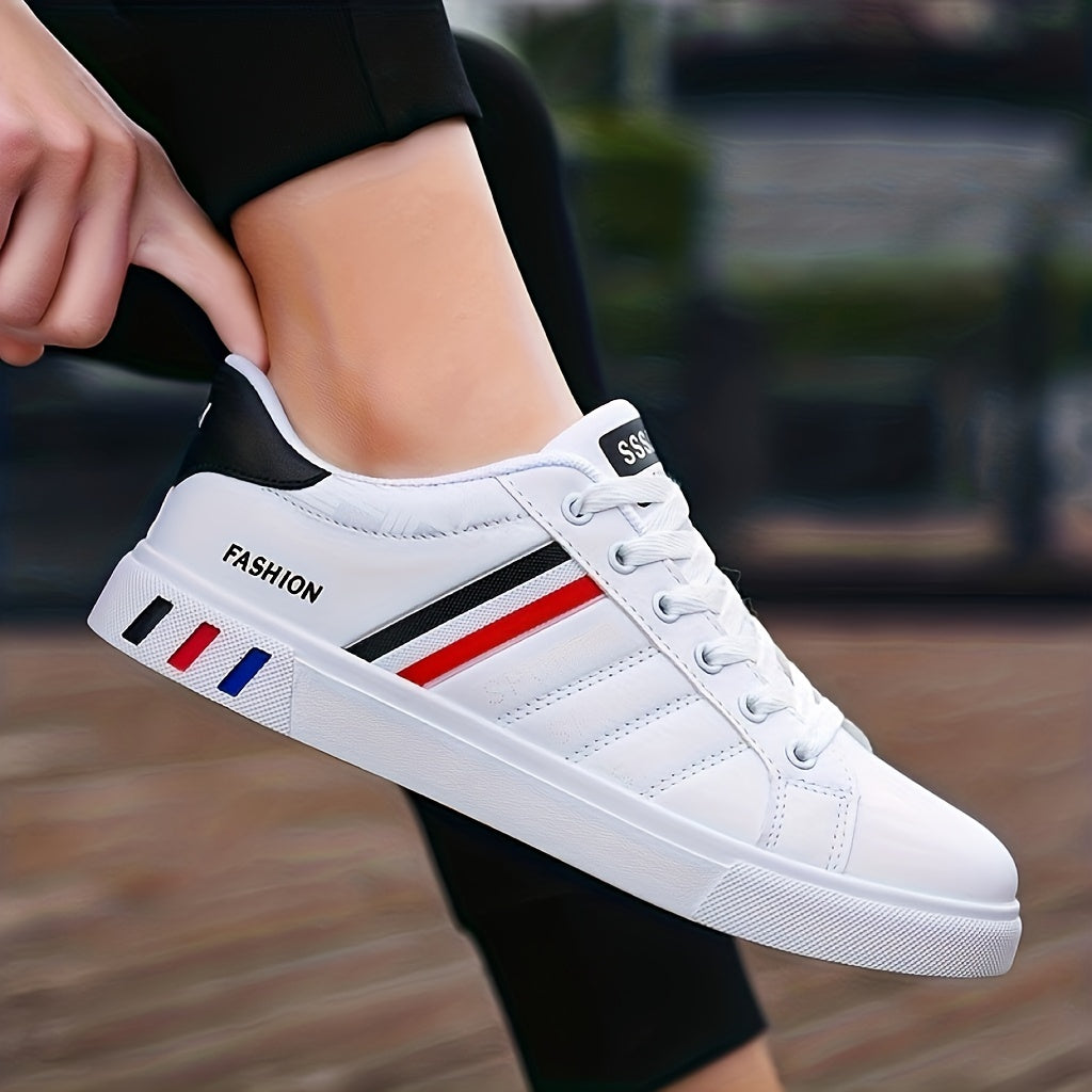 NVSHIXIUXIANPINGDI Women's Casual Flat Sneakers - Sporty White with Blue & Red Stripe, Lace-Up, Lightweight EVA Material, All-Season Comfort Shoes, Cute Shoes