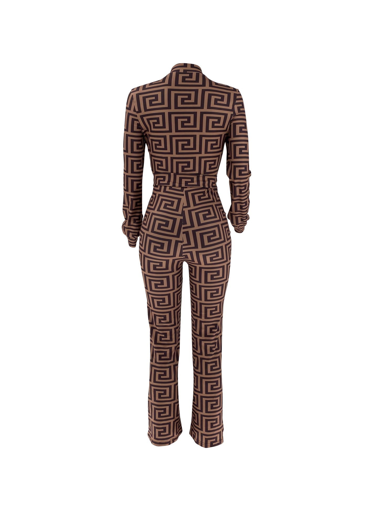 1pc Elegant Geometric-Patterned Polyester Jumpsuit for Women, Long Sleeve Stand Collar Knit Fabric One-Piece with Belt and Zipper Detail, Versatile for All Seasons