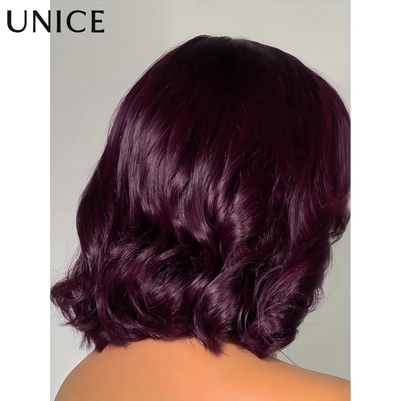 Unice Burgundy 100% Human Hair Layered Glueless Bob Wig with Curtain Bangs - Soft & Silky Shoulder Length, 150% Density, Natural Brown Base & Burgundy Highlights, No Glue Needed, Comfortable & Easy Maintenance, Unisex for Men