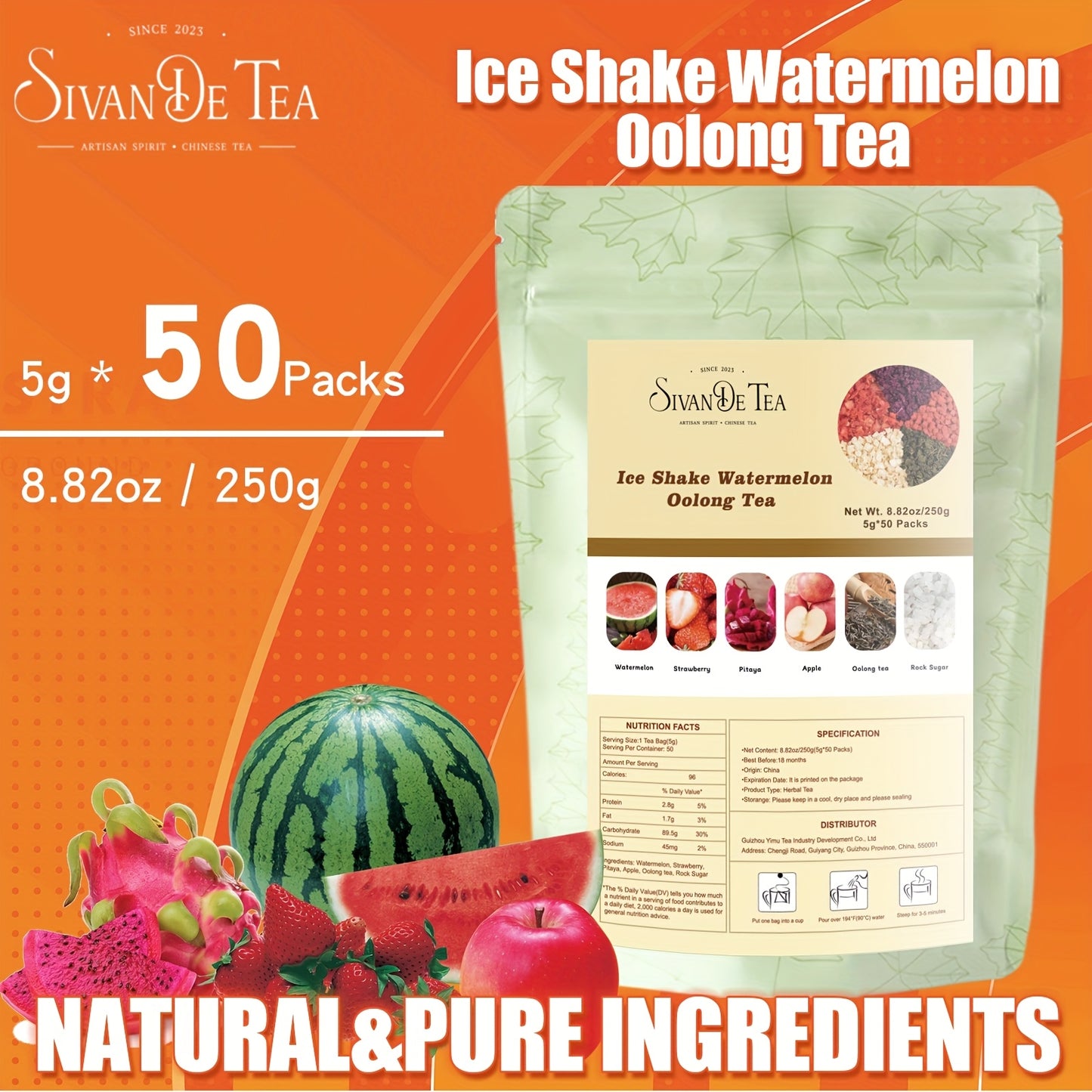 SIVANDETEA 8.82oz/250g (5g*50 Packs) Ice Shake Watermelon Oolong Tea Bags, Deliciously Fruity Flavor, And, Watermelon Herbal Iced Tea, Premium Quality Ingredients, No Additives, Easter Gifts, Easter Treats